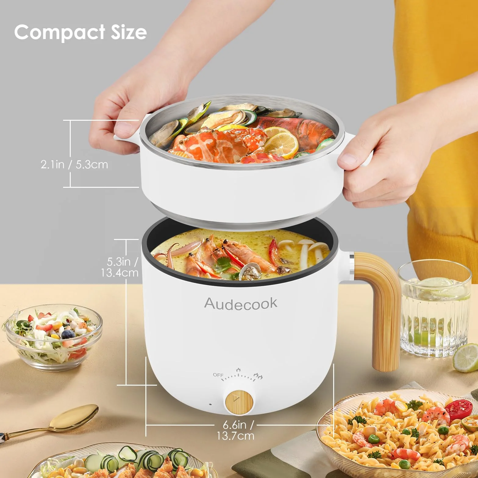 Audecook Elektryczny gorący garnek z parowarem, przenośna nieprzywierająca mini wielofunkcyjna kuchenka Shabu, patelnia elektryczna z podwójną regulacją mocy, do makaronu ramenowego, makaronu, jajek