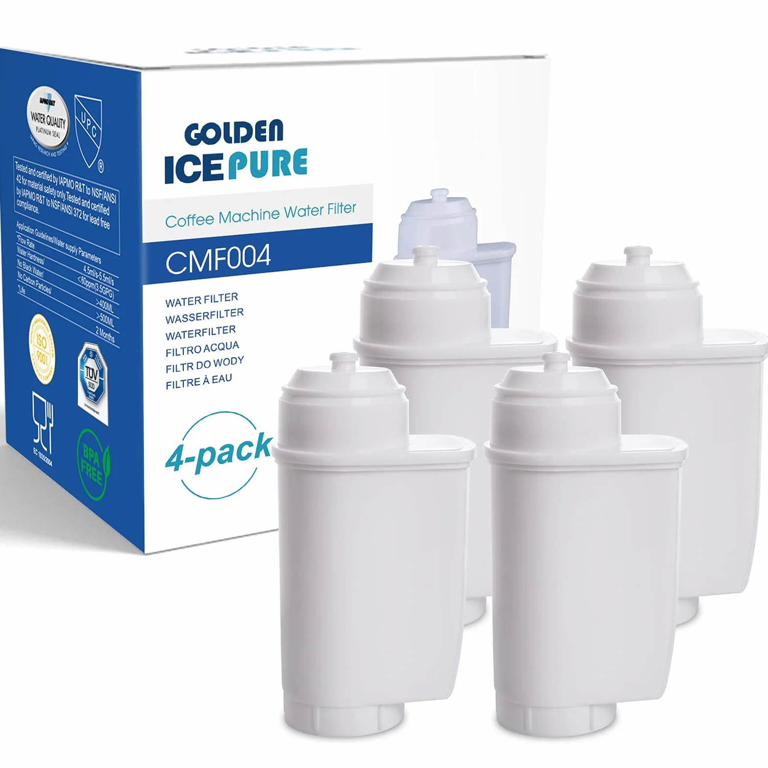 Filtr wody do ekspresu do kawy GOLDEN ICEPURE kompatybilny Siemens EQ Series EQ3 EQ6 EQ9 EQ500 S700 Brita Intenza 575491 Bosch TCZ7003 TCZ7033 certyfikat NSF 4 sztuki