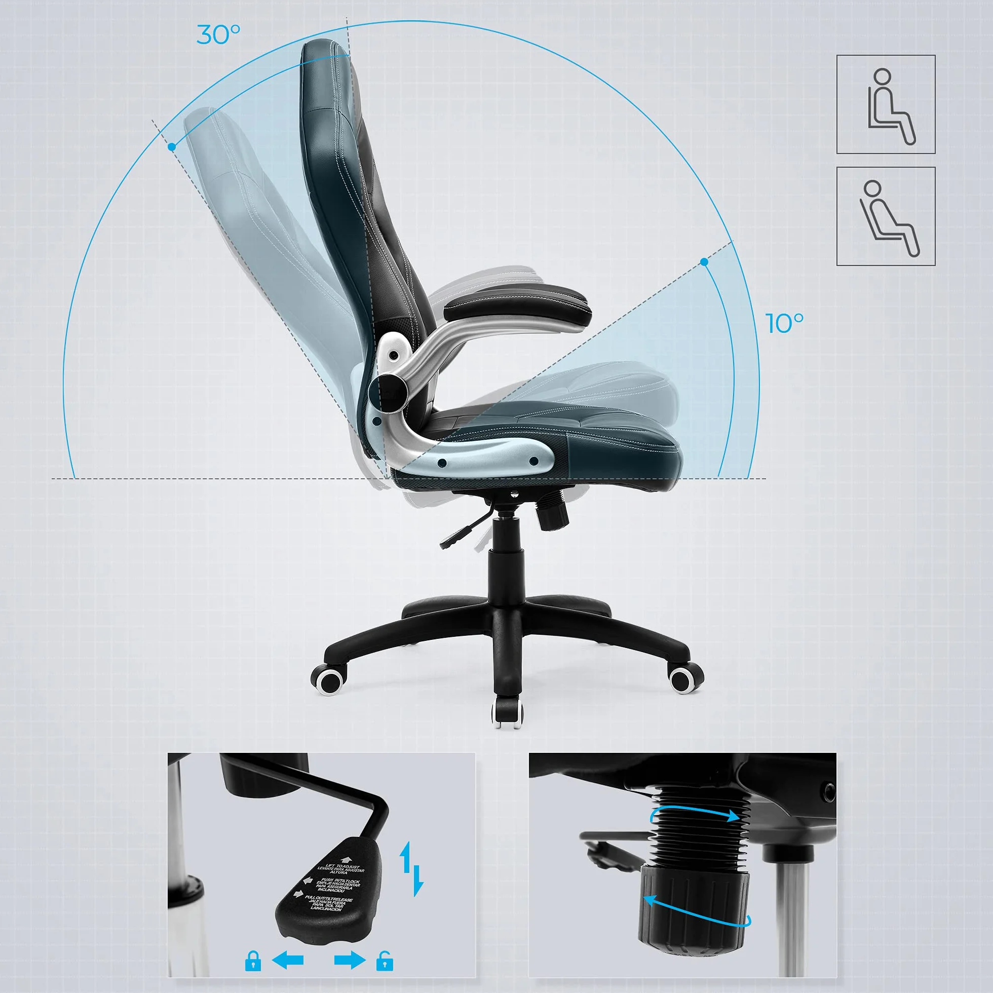 SONGMICS Krzesło gamingowe, Racing Chair, krzesło biurowe z wysokim oparciem, krzesło biurowe, z regulacją wysokości, składane podłokietniki, funkcja przechylania, dla graczy, czarne OBG28B