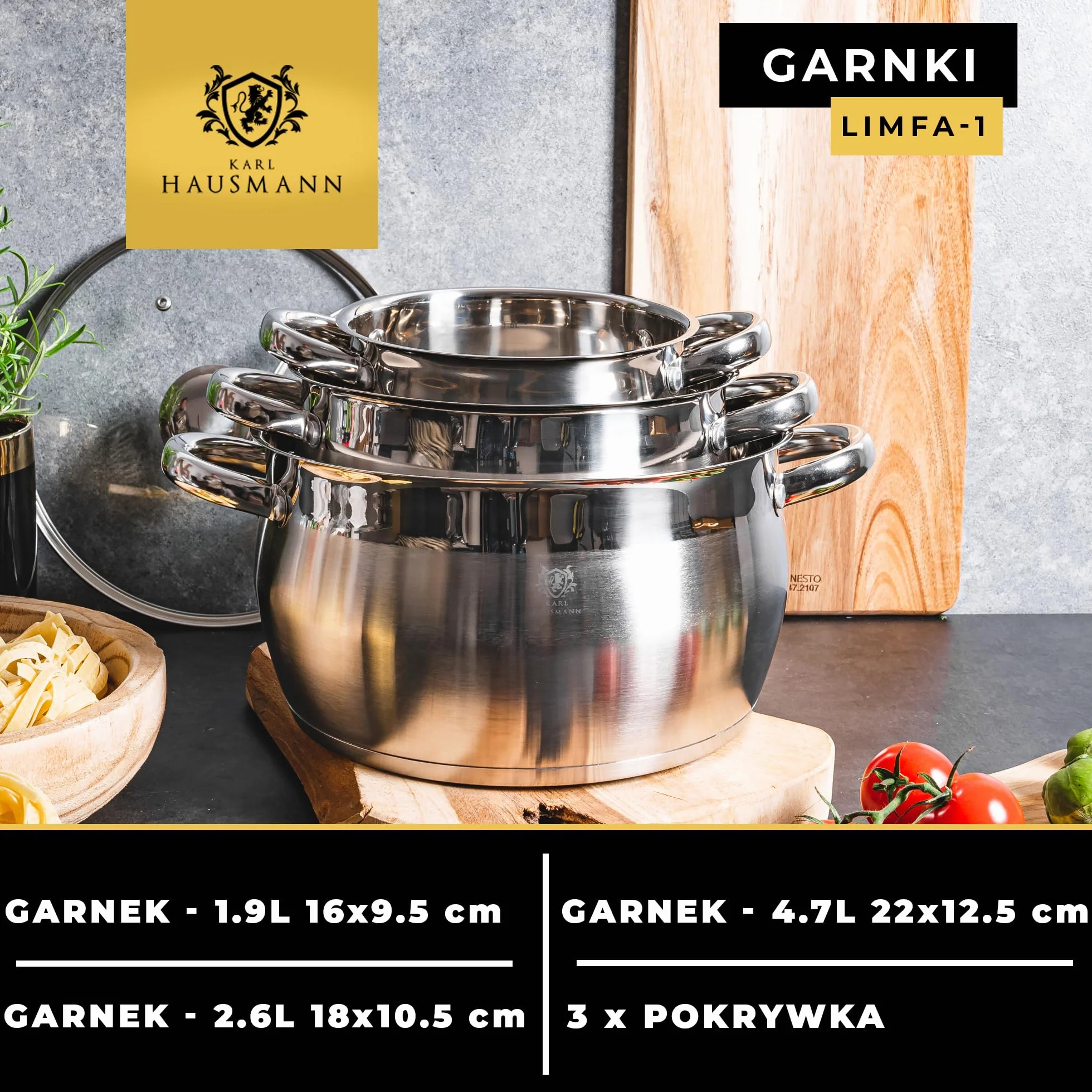 KARL HAUSMANN Zestaw Garnków ze Stali Nierdzewnej 18/0-3 Elementy - Garnki z Pokrywkami i Wewnętrzną Miarką - Na Wszystkie Kuchenki, w tym Indukcję i Kuchenka Gazowa