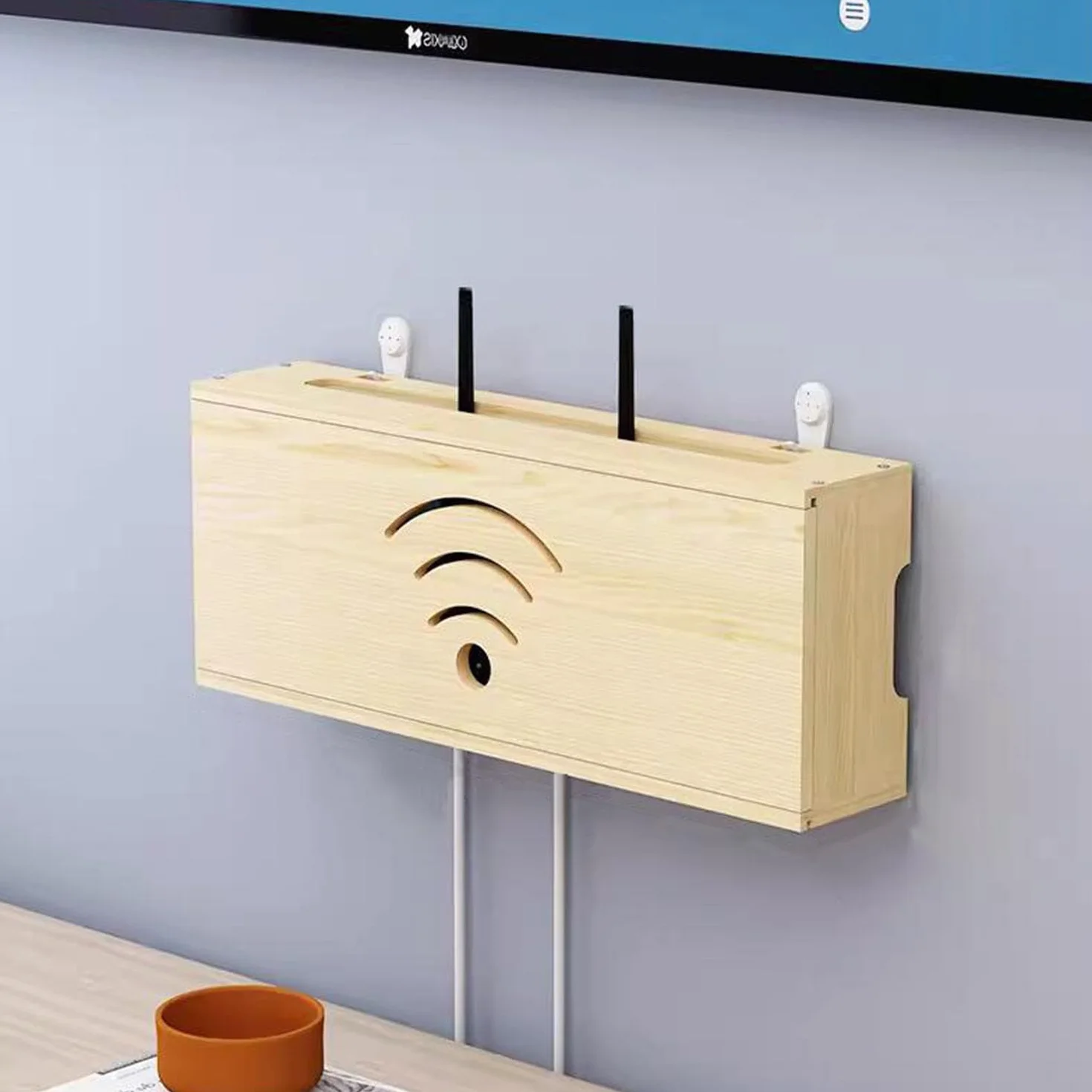 Półka do przechowywania routera Wi-Fi – montowana na ścianie bez wiercenia, półka z litego drewna, dekoder telewizyjny, ukryta i dekoracyjna skrzynka (kolor drewna)