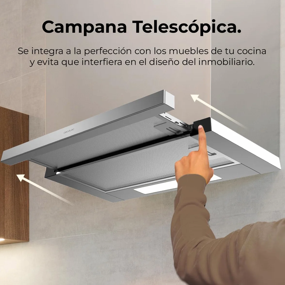 Cecotec Okap Teleskopowy 60cm Bolero Flux TLM 606500 Inox A. Silnik 165W, moc ssania 650m3/h, sterowanie mechaniczne, 2 poziomy mocy, światło i filtr węglowy, wykończenie Inox