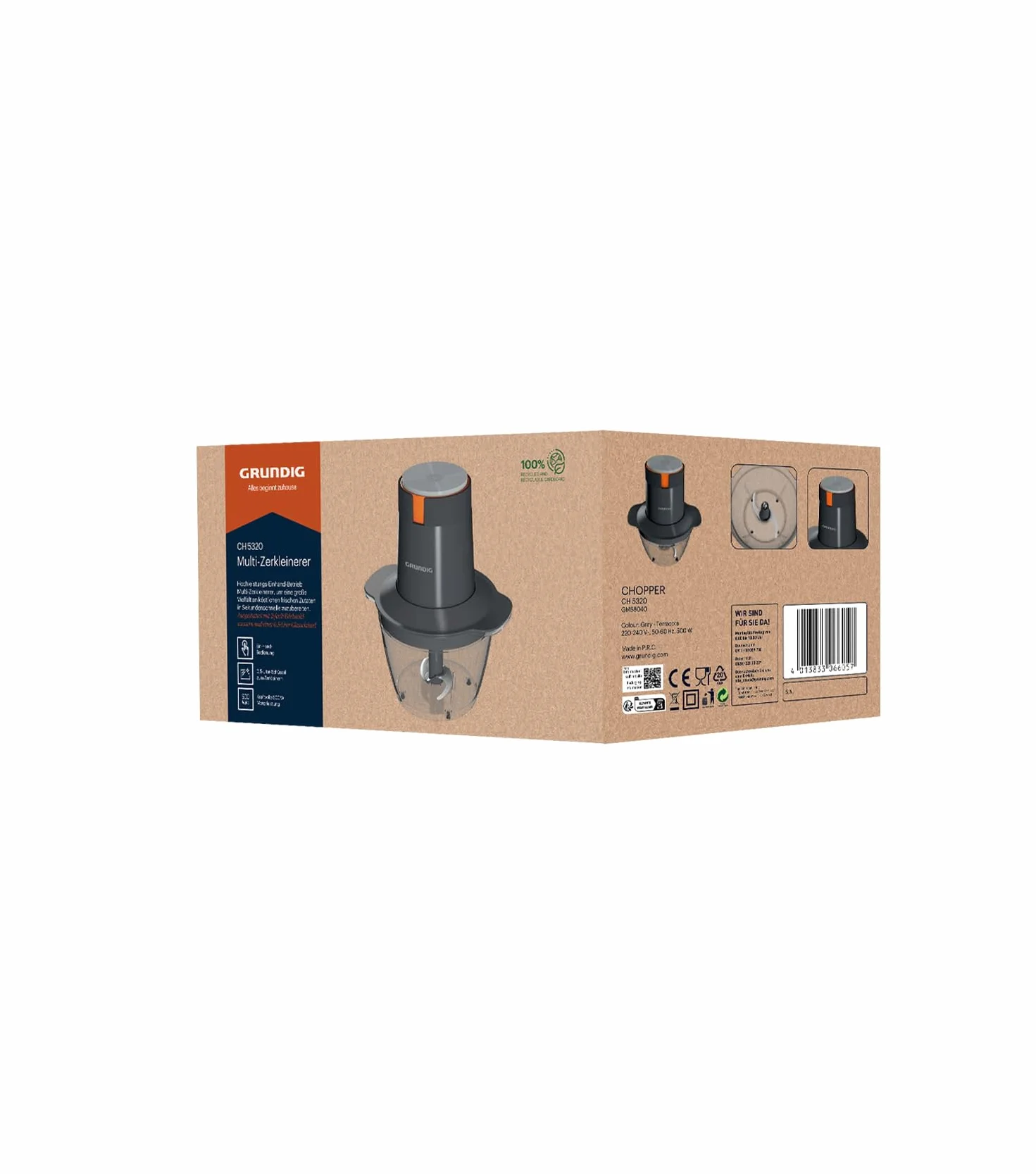 Grundig CH 5320 rozdrabniacz, 500 W, 2 noże ze stali nierdzewnej, szklany pojemnik 0,5 l, 2 stopnie, podkładka antypoślizgowa, obsługa jedną ręką, blokada bezpieczeństwa, szara/terakota