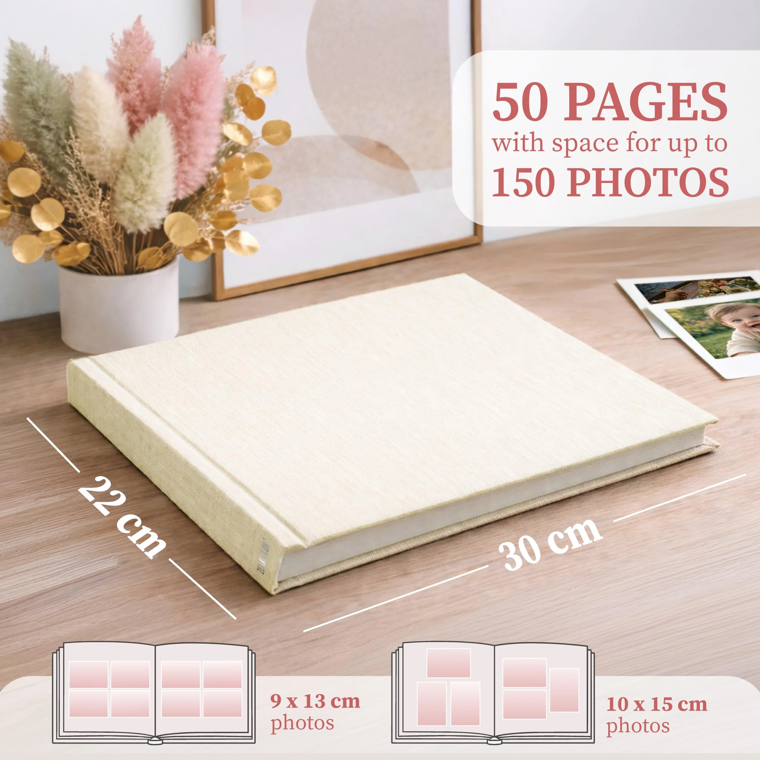 Zenacolor Blank Photo Album - 30x22 cm Beżowy lniany album na zdjęcia - 50-stronicowy album na zdjęcia z miejscem na 150 zdjęć
