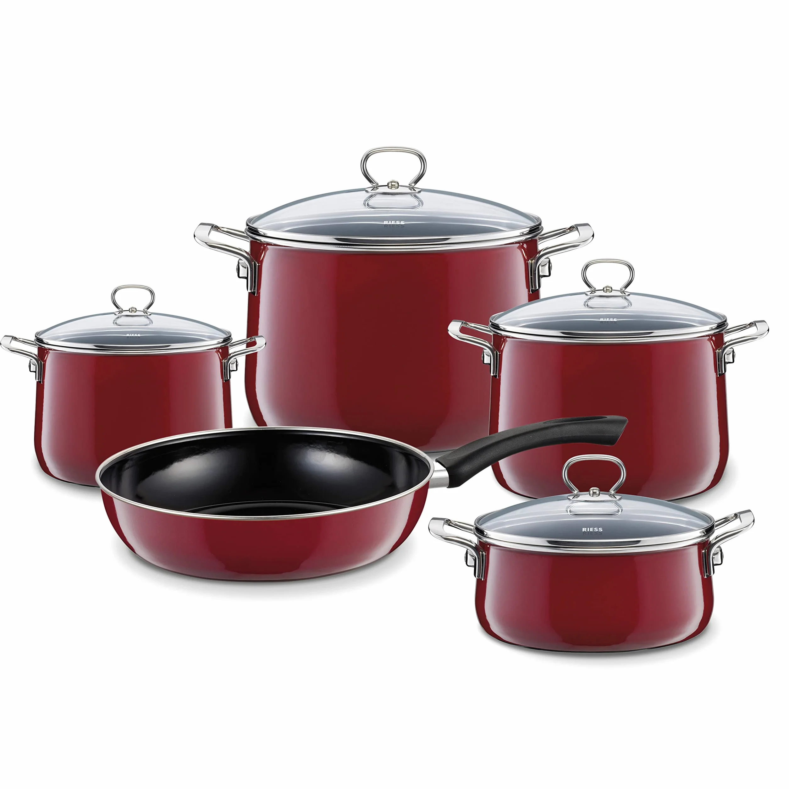 Riess, 0558-008, 5-częściowy zestaw emalii, NOUVELLE, ROSSO EXTRA MOK, składa się z: garnka do mięsa ze szklaną pokrywką 16, 20, 24 cm, rondel ze szklaną pokrywką 20 cm, patelnia emaliowana 28 cm