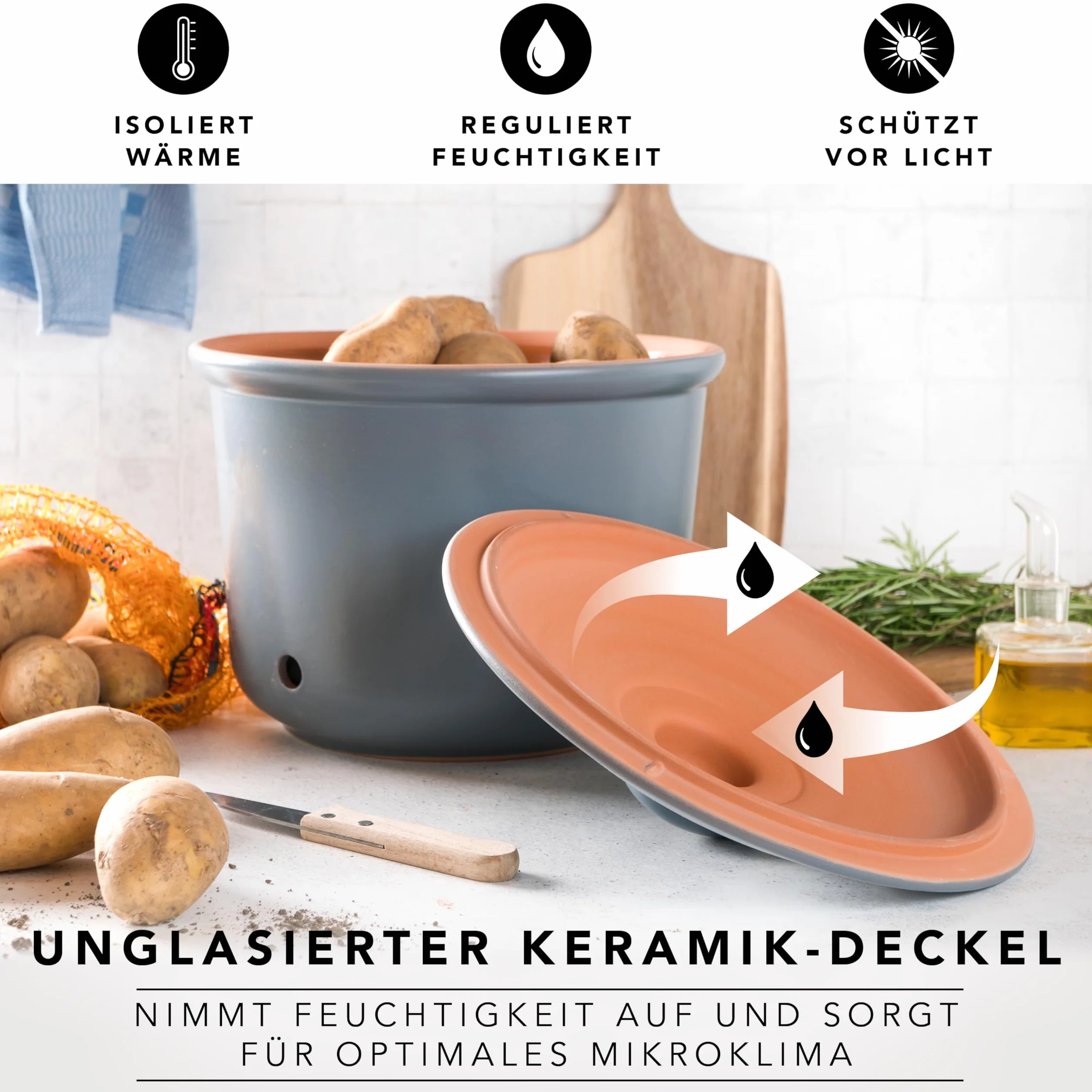 Römertopf pojemnik na zapasy Maxi plus świeży garnek z naturalnej gliny zapewnia długi okres przydatności do spożycia żywności, takiej jak np. ziemniaki, Ø 26,0 cm, niebiesko-szary