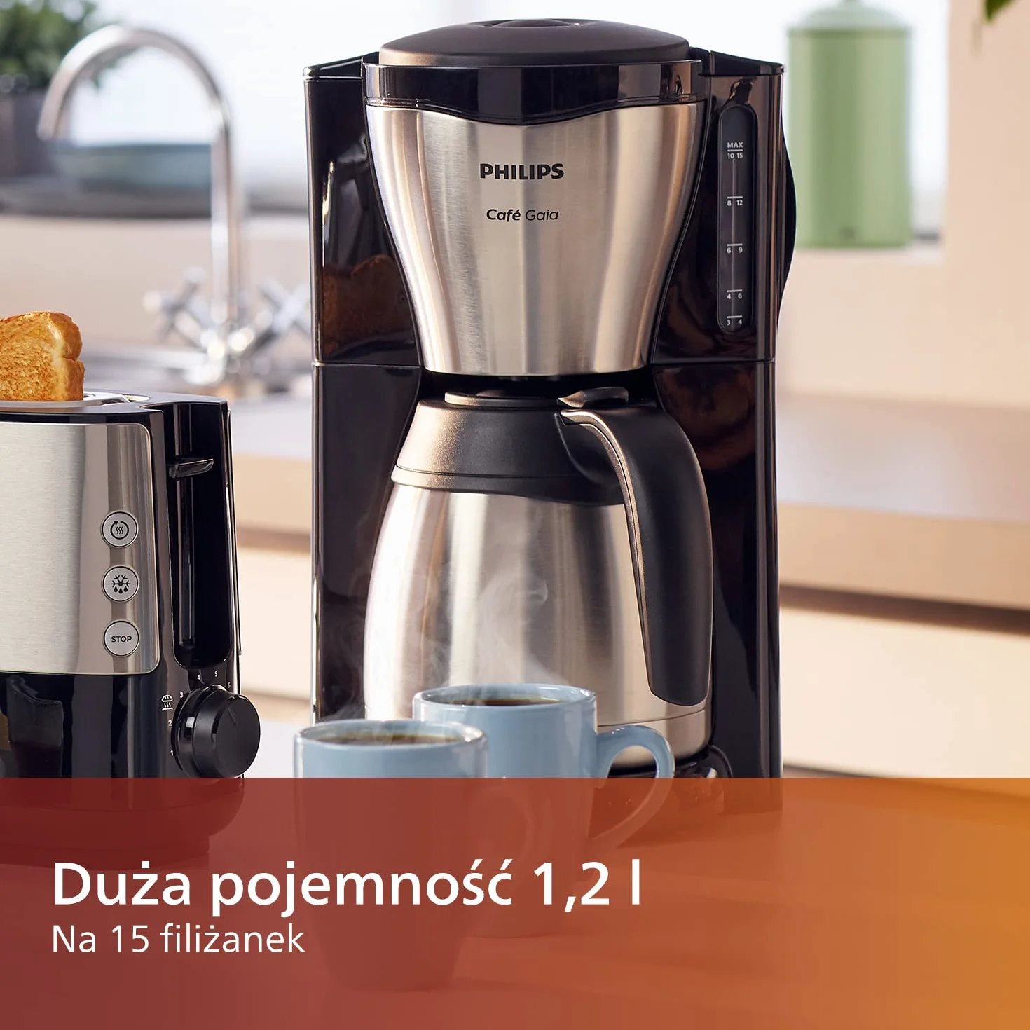 Philips Café Gaia Ekspres przelewowy do kawy,1,2 l Dzbanek termiczny utrzymuje temperaturę, Na 15 filiżanek, Stal szlachetna, Automatyczne wyłączanie, Blokada kapania, Satynowy Beżowy (HD7546/20)