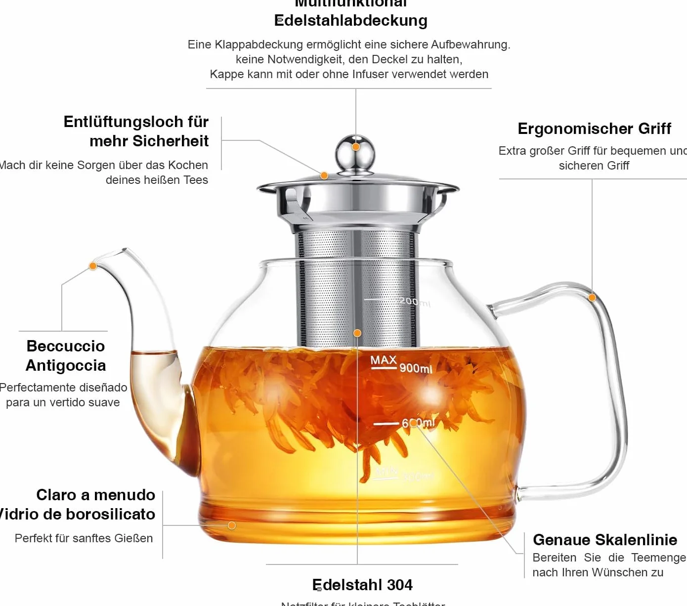 Zestaw szklanek do herbaty, 1200 ml, serwis do herbaty, 4 szklanki, szkło borokrzemowe, dzbanek do herbaty z sitkiem, zestaw do herbaty na luźne liście, dzbanek do herbaty