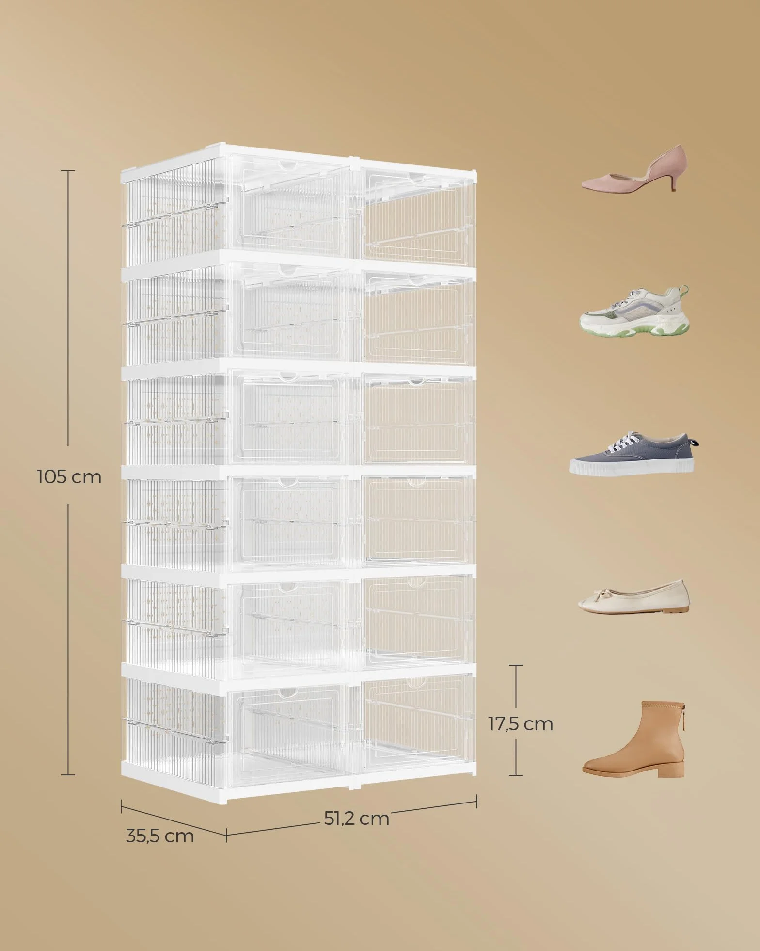 SONGMICS Szafka na buty z 6 pudełkami na buty, zintegrowany organizer na buty, składana, przenośna, na buty do rozmiaru 46, montaż w 1 minutę, przezroczysta chmura biała LSP205W01