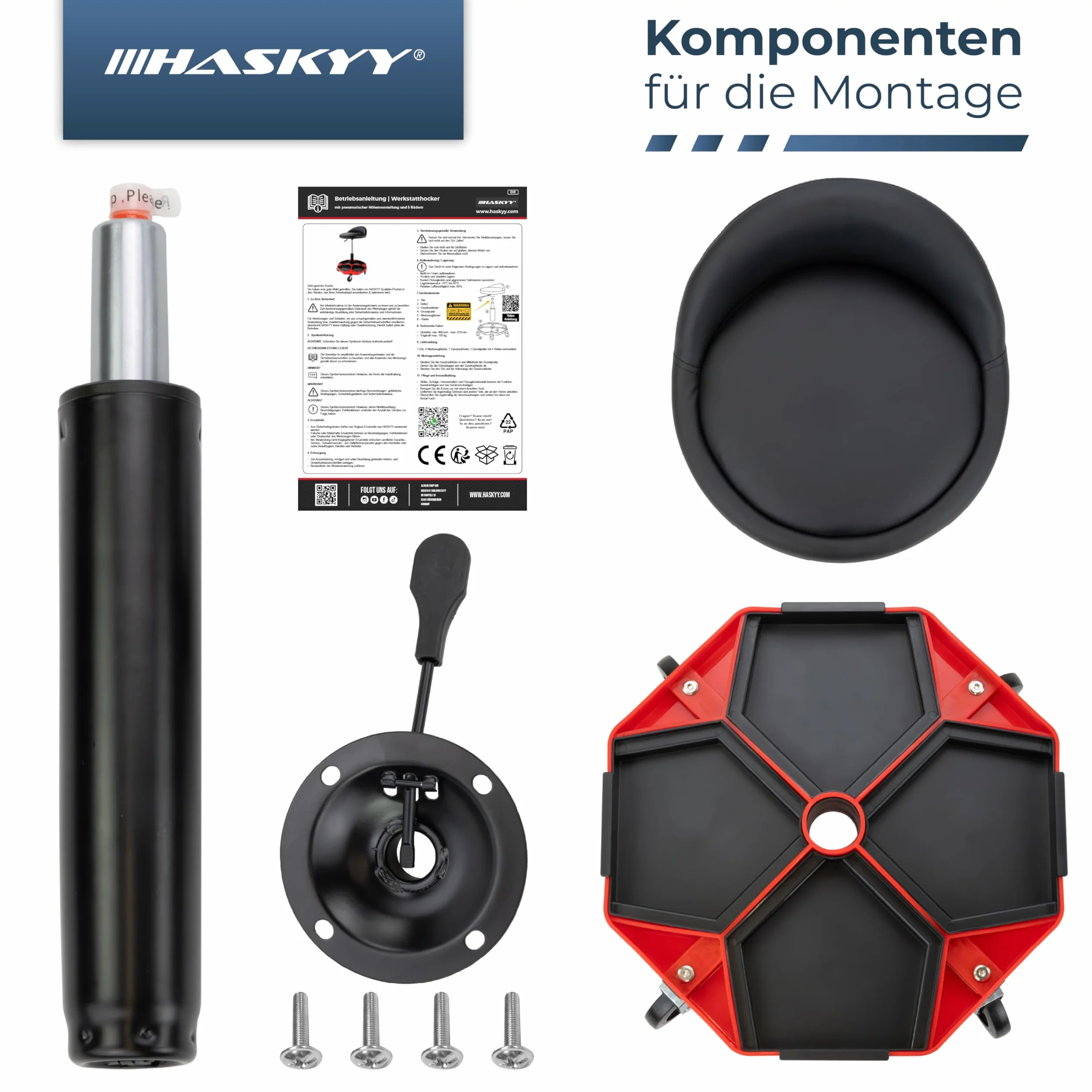 HASKYY Taboret warsztatowy z oparciem | regulacja wysokości 43-58 cm | taboret na kółkach do 150 kg | siedzisko warsztatowe z półkami | taboret do gabinetu i warsztatu z kółkami 360°