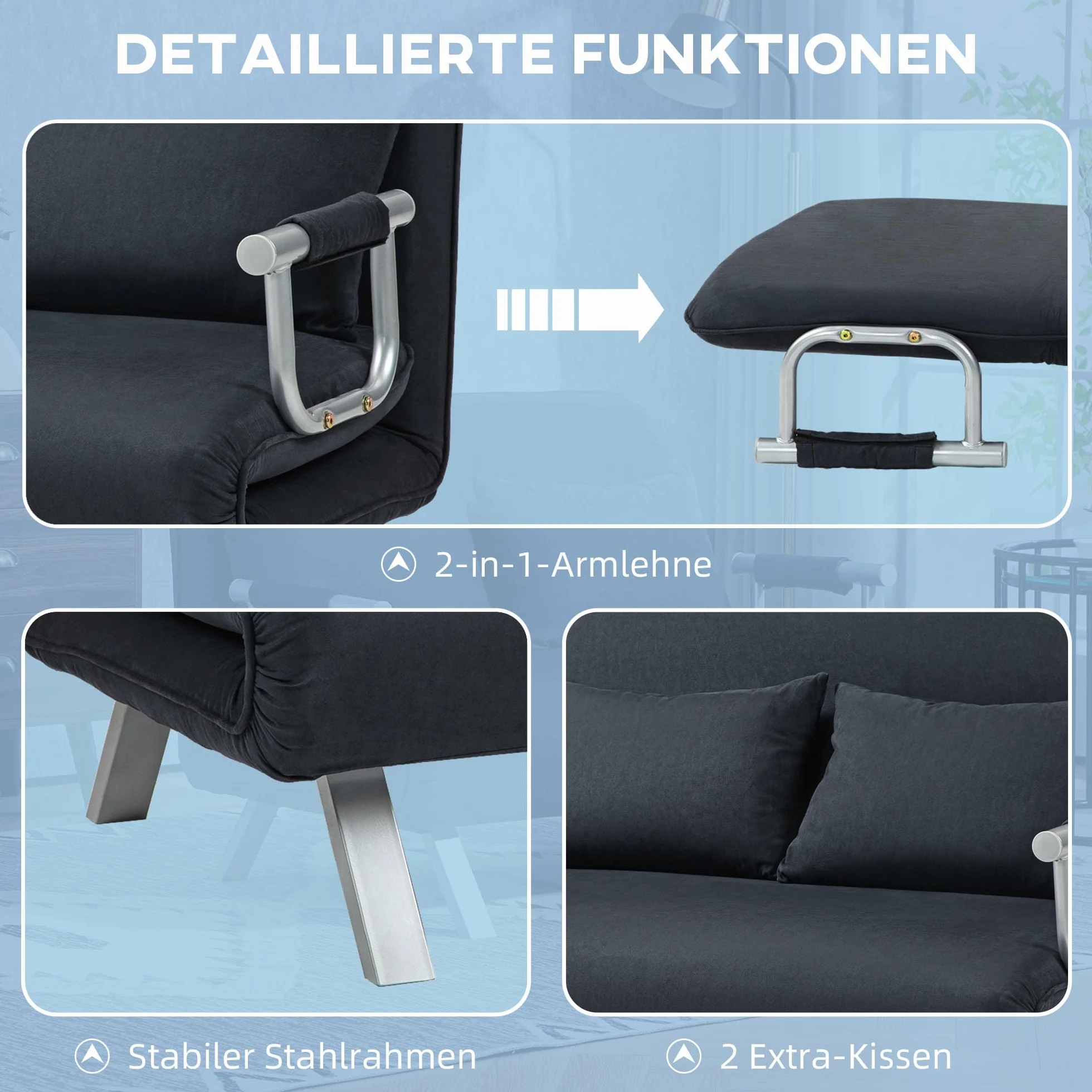 HOMCOM Sofa do spania 3 w 1, 185 x 105 cm, sofa do spania z 5-stopniową regulacją oparcia, poduszka do rzucania, 2-osobowa sofa z funkcją spania, aksamitny wygląd, szezlong do salonu, sypialni, kolor