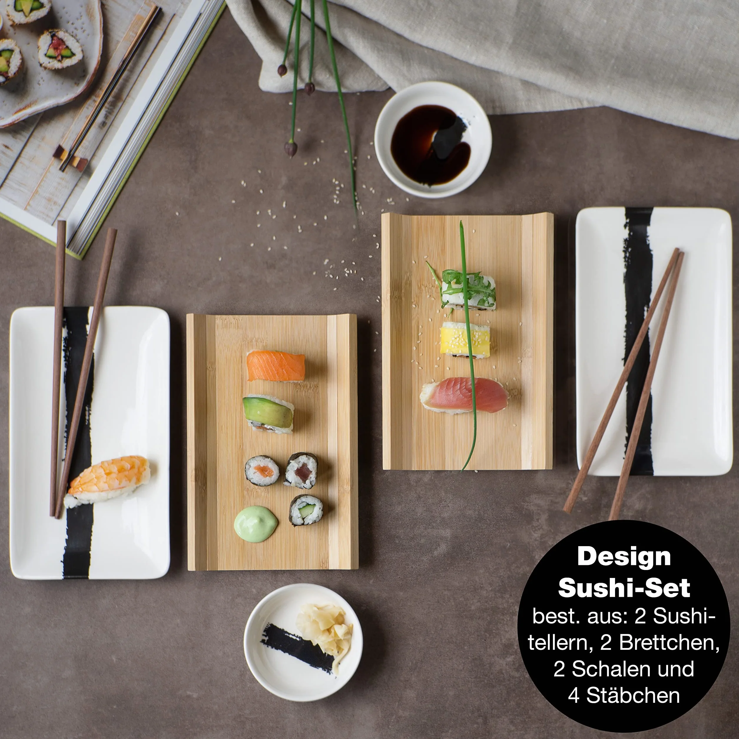 Moritz & Moritz 8-częściowy zestaw naczyń do sushi dla 2 osób – zestaw do serwowania sushi z 2 talerzami do sushi, miseczkami do dipów i pałeczkami