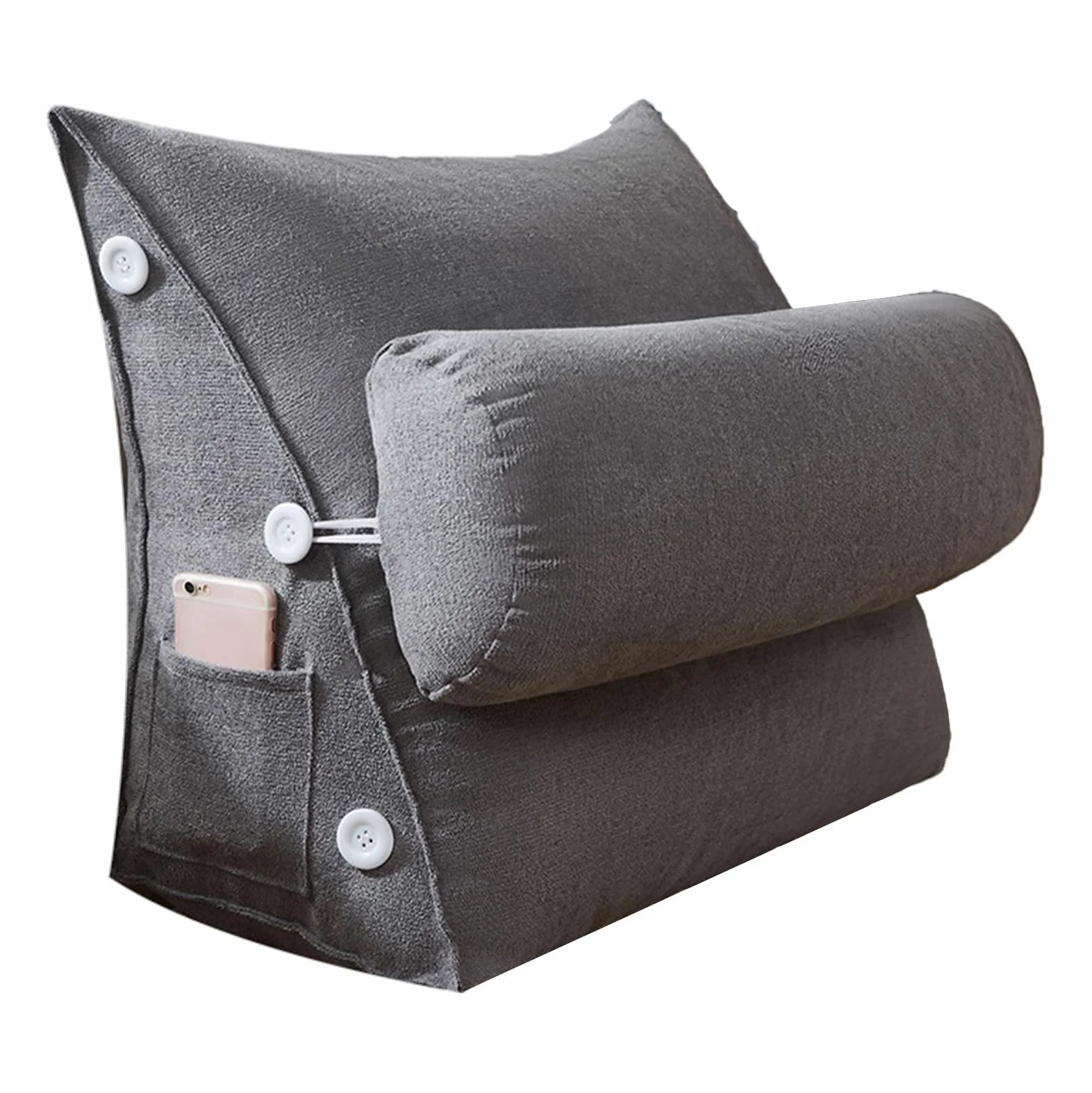 Poduszka do czytania, poduszka klinowa do łóżka, 60 x 22 x 50 cm, ergonomiczna poduszka pod plecy z aksamitnym obiciem i kieszenią boczną, rolka pod kark z regulacją wysokości, poduszka z