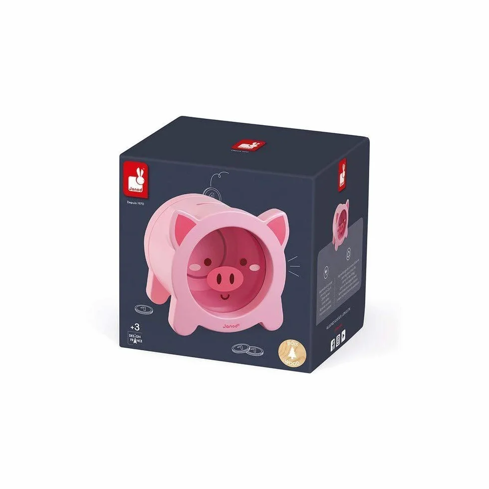 Janod Wooden Children’s Piggy Bank 5.9 inch See-Through Side Magnetic Opening Ages 3+