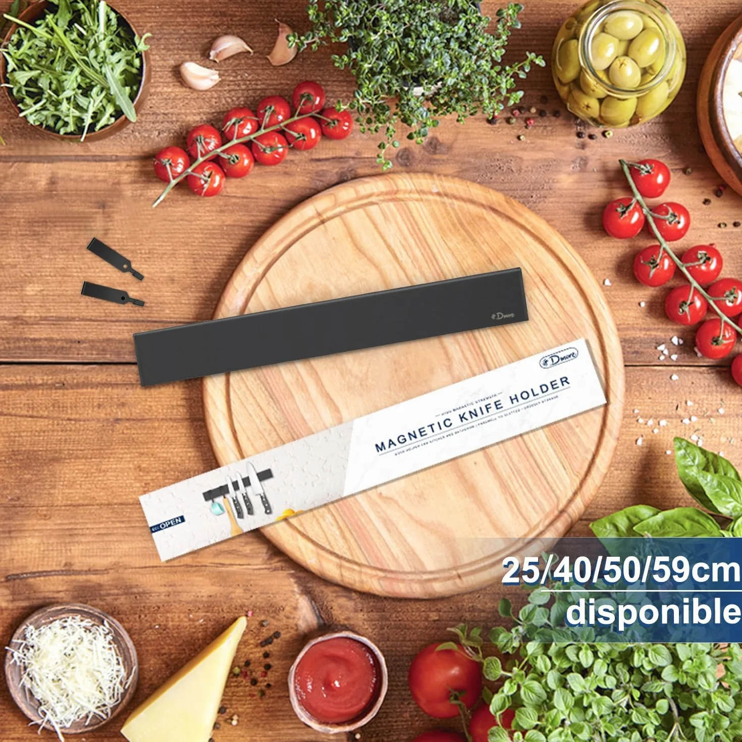 Dmore Listwa magnetyczna 30 cm z 2 haczykami, czarny uchwyt na noże, magnetyczny bez wiercenia, mocny magnetyczny uchwyt na noże, łącznie z taśmą klejącą i śrubami do noży, przyborów i narzędzi