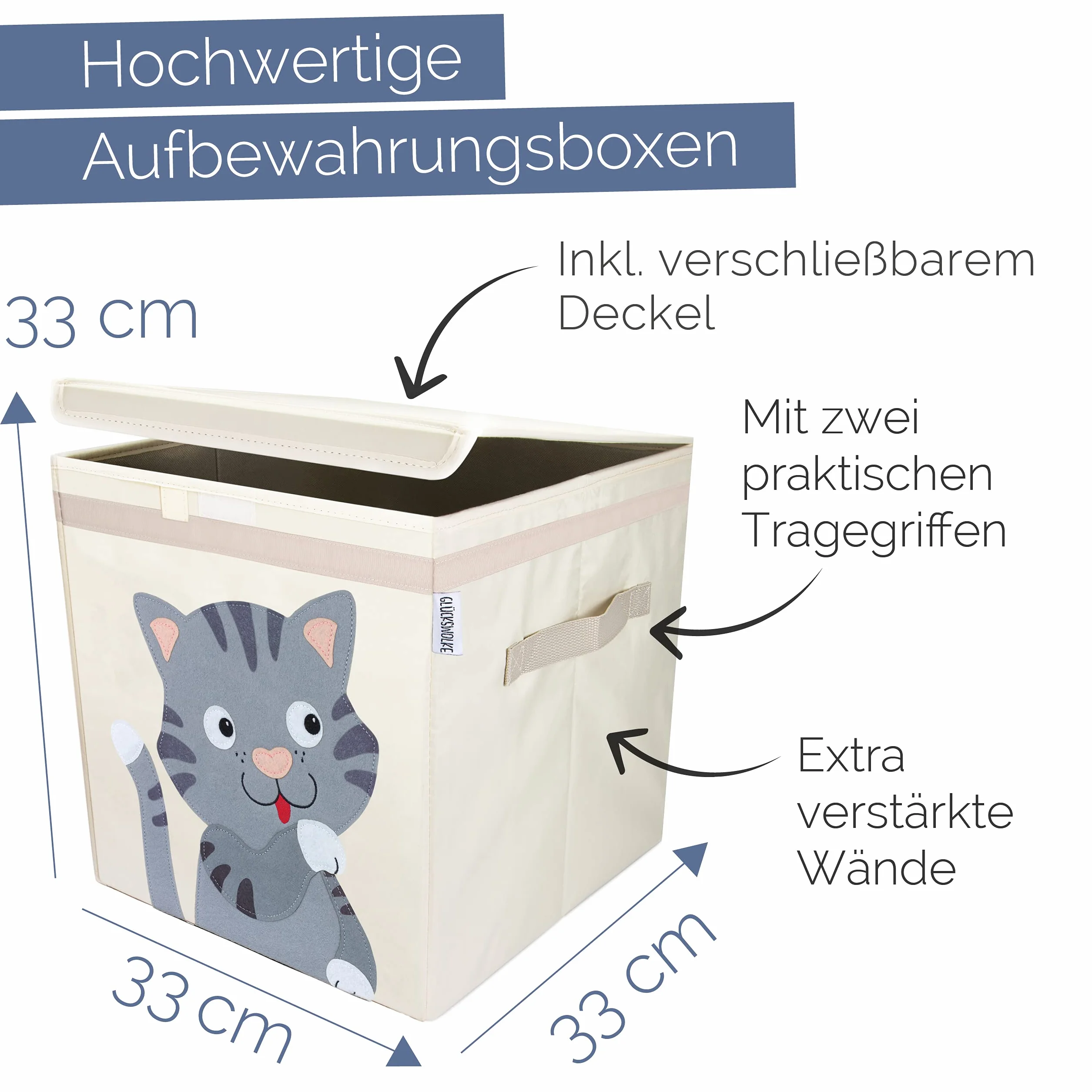GLÜCKSWOLKE Pudełko do przechowywania dla dzieci – 15 motywów I skrzynka na zabawki z pokrywką do pokoju dziecięcego I pudełko na zabawki (33x33x33) do regale Kallax I zwierzęta gospodarskie (Kot)