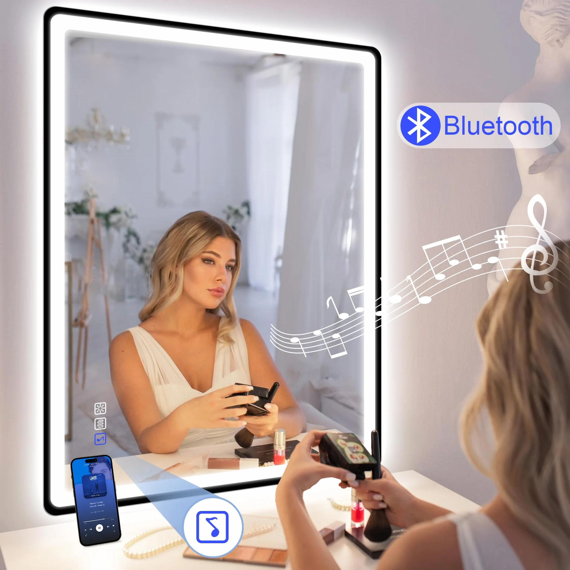 STARLEAD Czarne lustro LED łazienka ze światłem 80 x 60 cm, Bluetooth, 3 kolory światła, możliwość ściemniania, ochrona przed mgłem, pamięć, IP44, szkło hartowane, poziome/pionowe, rama niemetaliczna