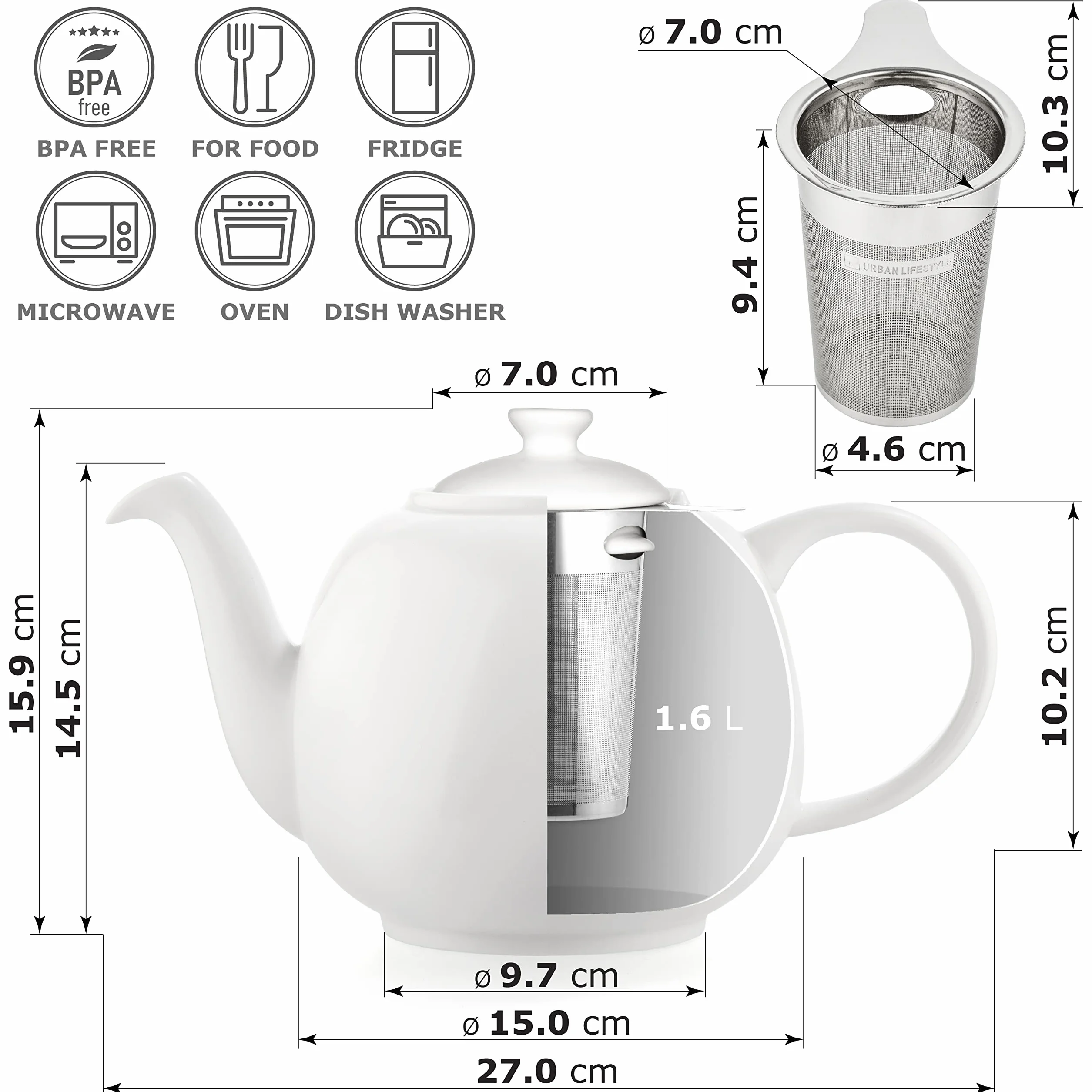 Czajniczek Swansea 1,6 l biały do użytku z torebkami herbaty/filtrami ze stali nierdzewnej nie wchodzi w zakres dostawy.