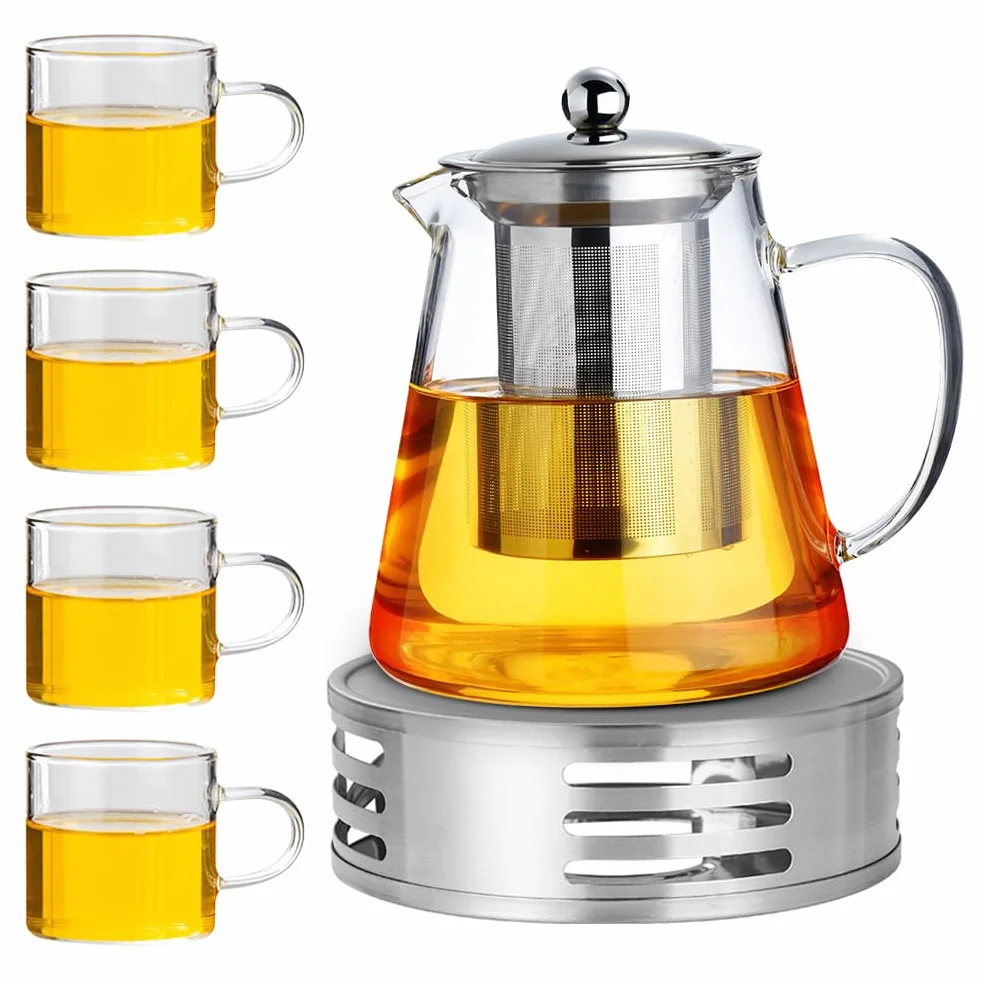 CEWROM Szklany dzbanek do herbaty z sitkiem i podgrzewaczem, dzbanek do herbaty ze szkła borokrzemowego (1,3 l) + 4 x 120 ml szklana filiżanka do herbaty, dzbanek do herbaty, do czarnej herbaty,