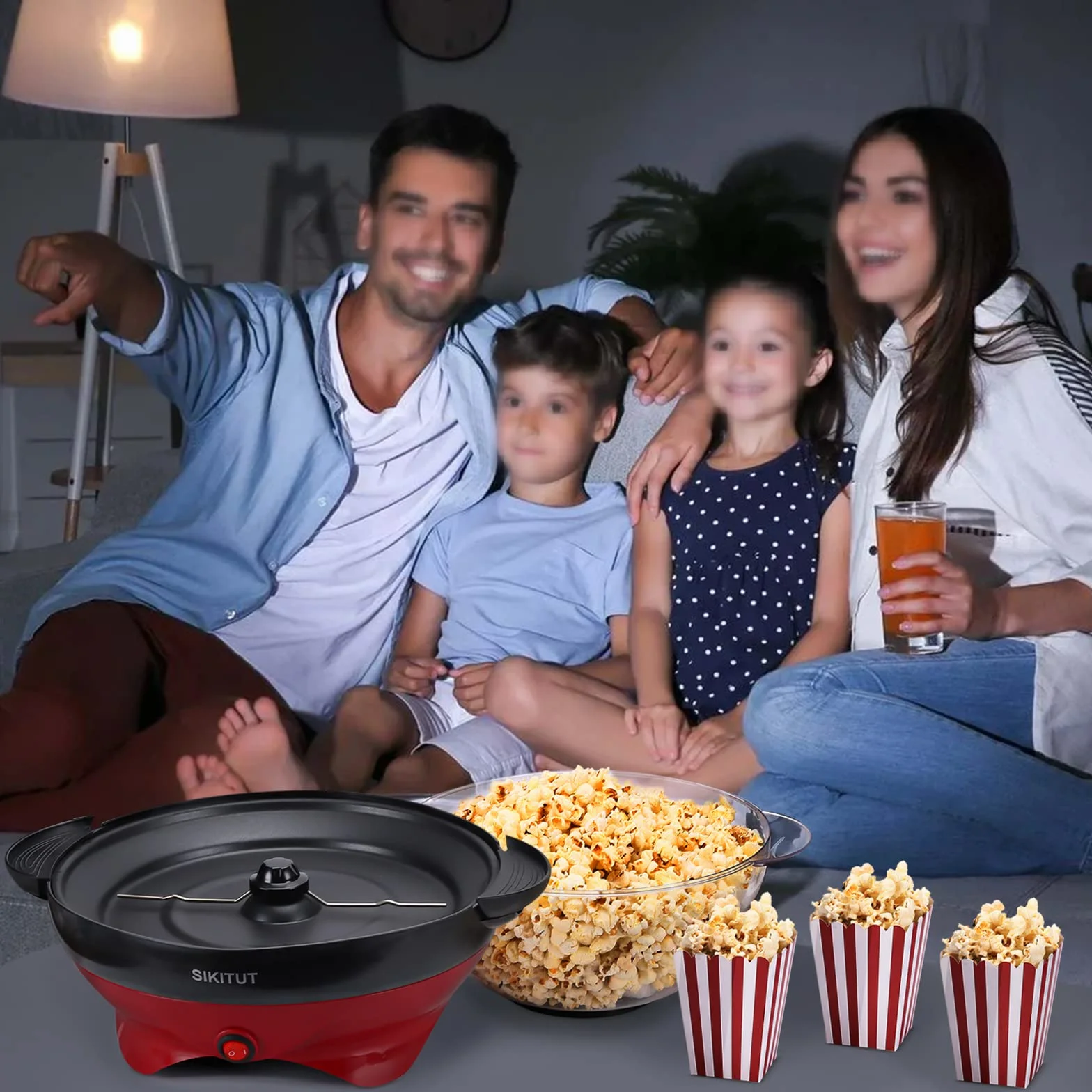 Maszyna do robienia popcornu, domowa maszyna do popcornu z powłoką zapobiegającą przywieraniu i zdejmowaną powierzchnią grzewczą, 5 l, z uchwytami Cool-Touch, dwa kubki pomiarowe, tworzywo