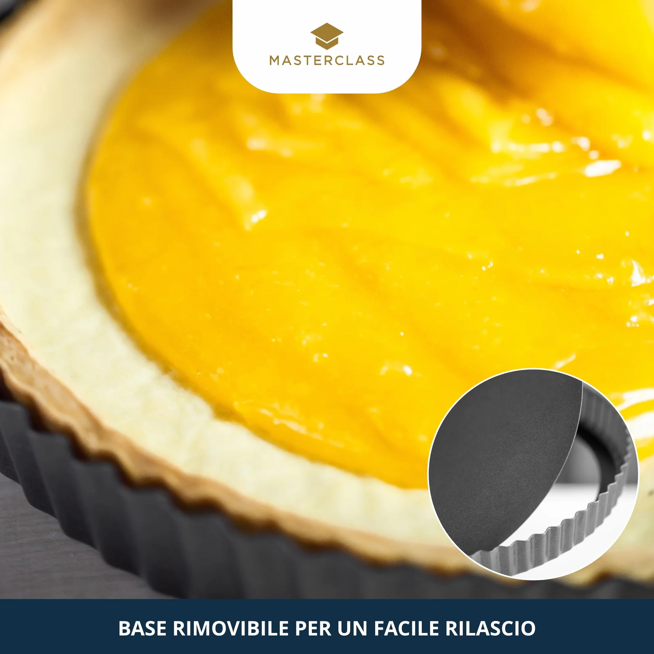 MasterClass Nieprzywierająca forma do tart i quiche z powłoką nieprzywierającą bez PTFE, PFOA i BPA, solidna stal węglowa o grubości 1 mm, karbowana stal węglowa, okrągła 23 cm (9''), z rękawem
