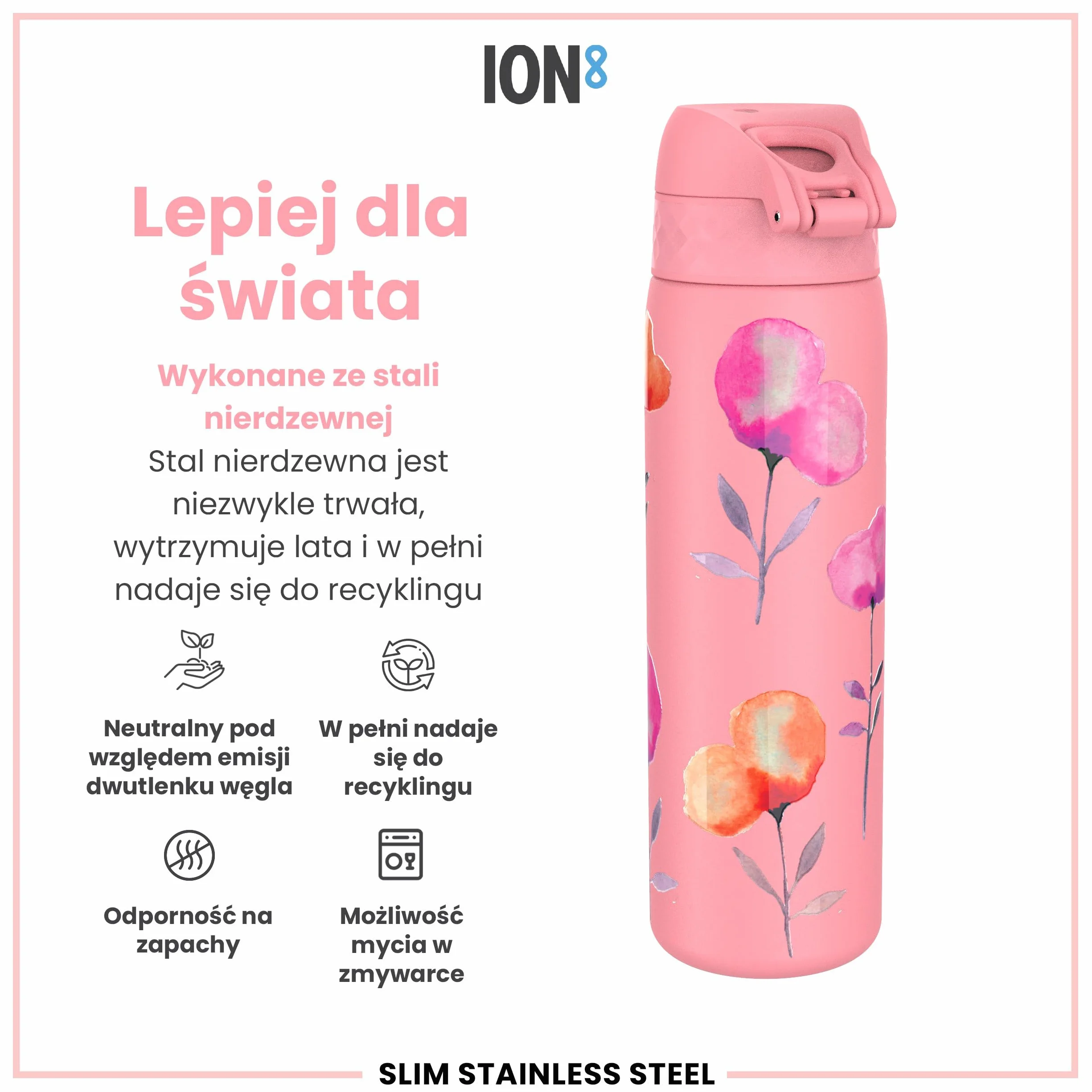 ION8 Butelka na Wodę ze Lekki Stali, 600 ml/20 oz, Nieocieplany, Szczelna, Łatwe Otwieranie, Bezpieczny Zamek, Można Myć w Zmywarce, Higieniczne Pokrycie, Składany Uchwyt, Kwiaty
