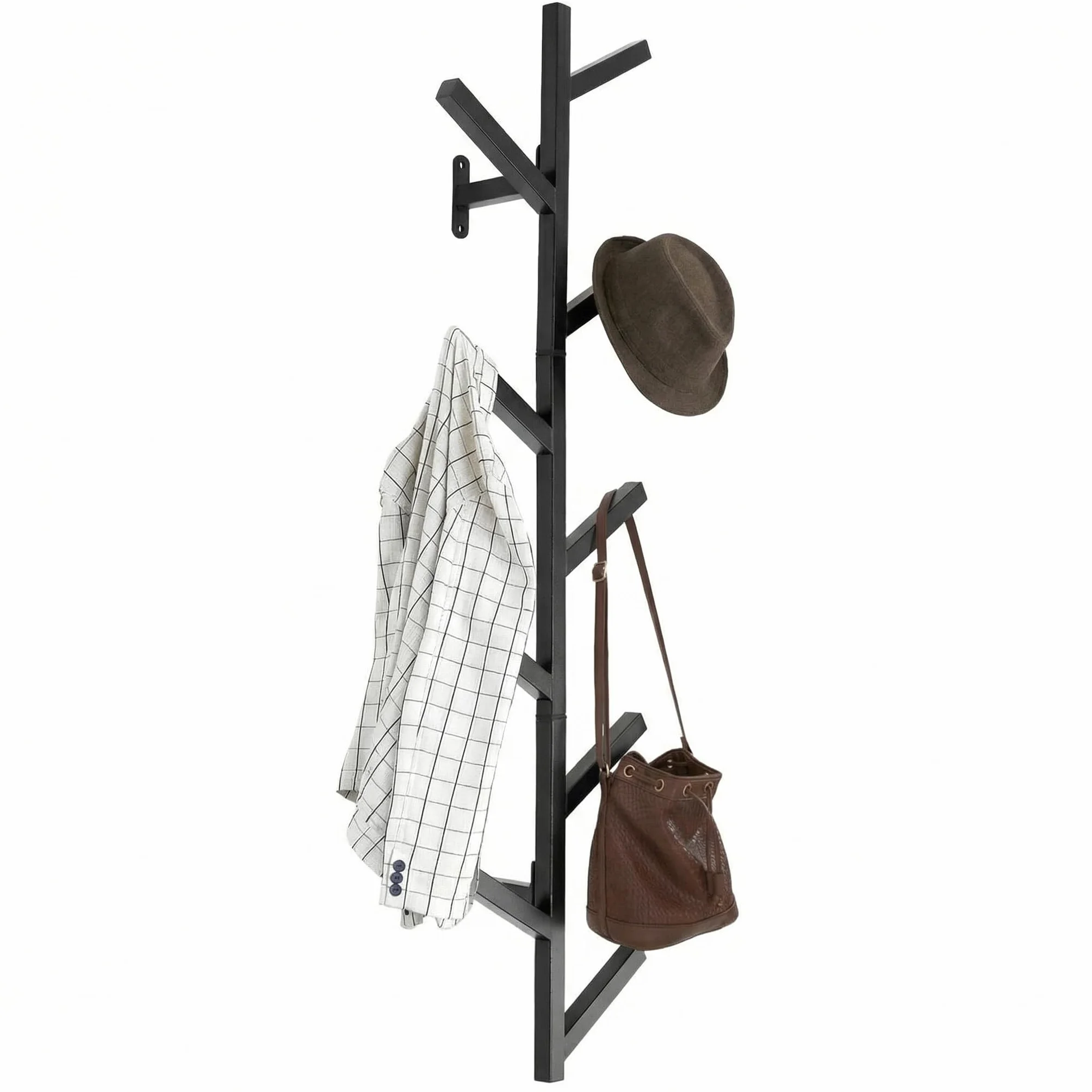 QWORK® Pionowe metalowe wieszaki na ubrania 100 cm do montażu na ścianie, wytrzymały czarny wieszak na ubrania z 8 haczykami do przechowywania oszczędzających miejsce