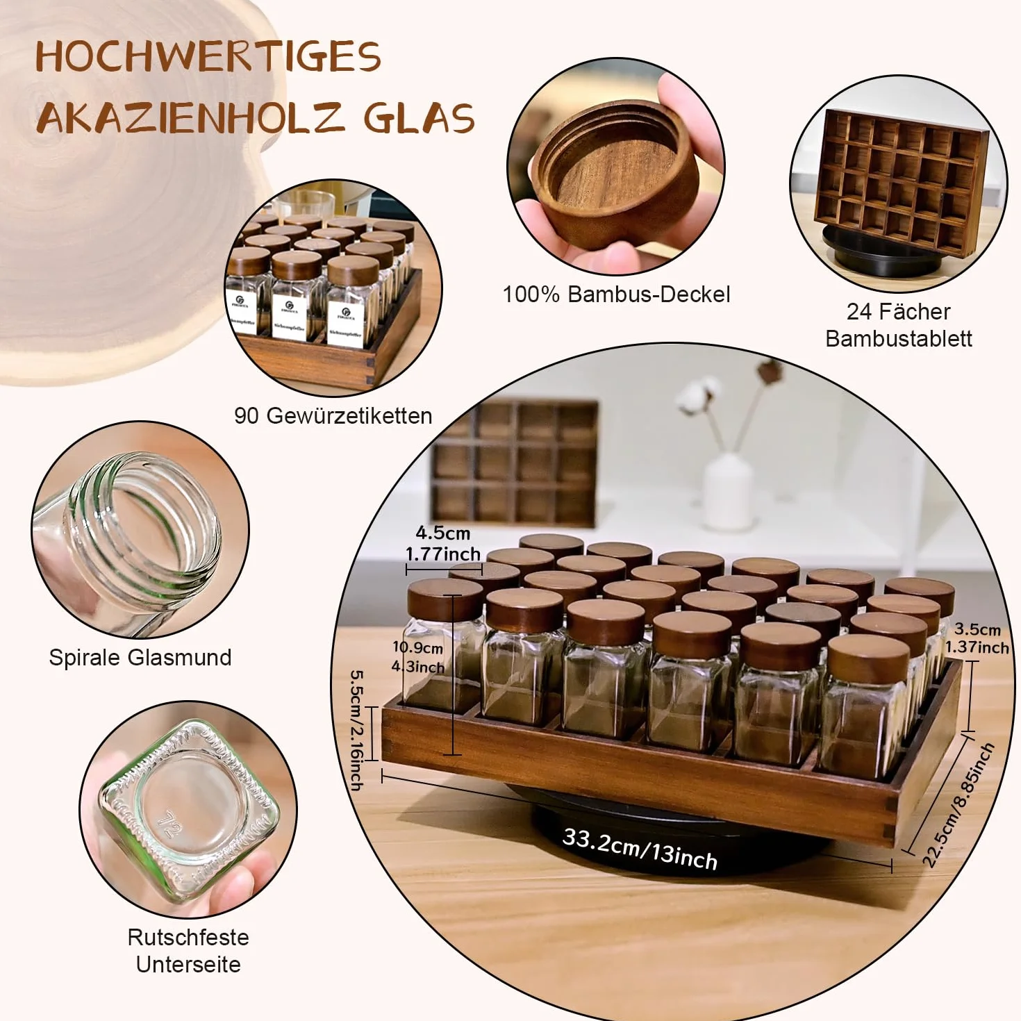 SAEIV Elegancki stojak na przyprawy z drewna akacjowego, regał na przyprawy z drewna + 24 prostokątne słoiczki na przyprawy o pojemności 120 ml, etykiety na przyprawy, naturalny organizer na przyprawy