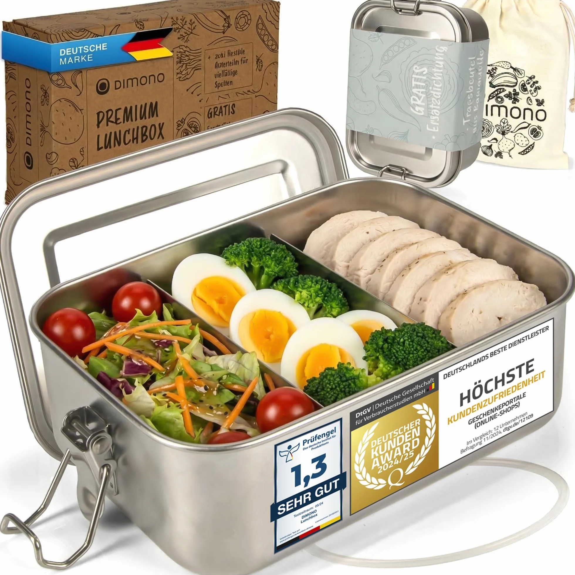 Pudełko na lunch Dimono® Szczelne bento box Pudełko na lunch ze stali nierdzewnej; Wodoodporne, trwałe pudełko z przegródkami i uszczelkami (c: 1400 ml)