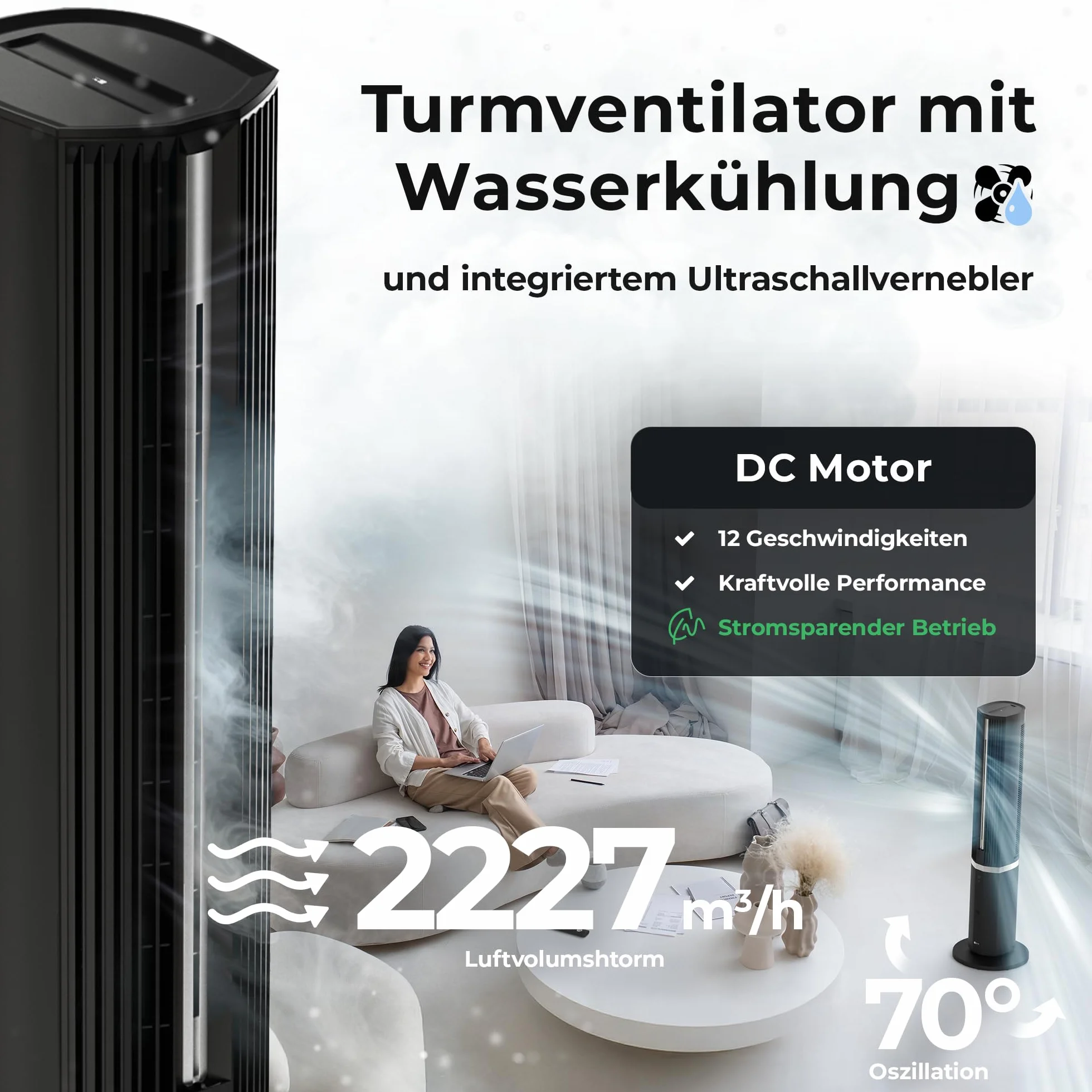 Balter Przenośny klimatyzator 5 w 1 bez węża wylotowego – wentylator z chłodzeniem wodnym – chłodnica i oczyszczacz powietrza, nawilżacz powietrza, wentylator kolumnowy z chłodzeniem wodnym, timer