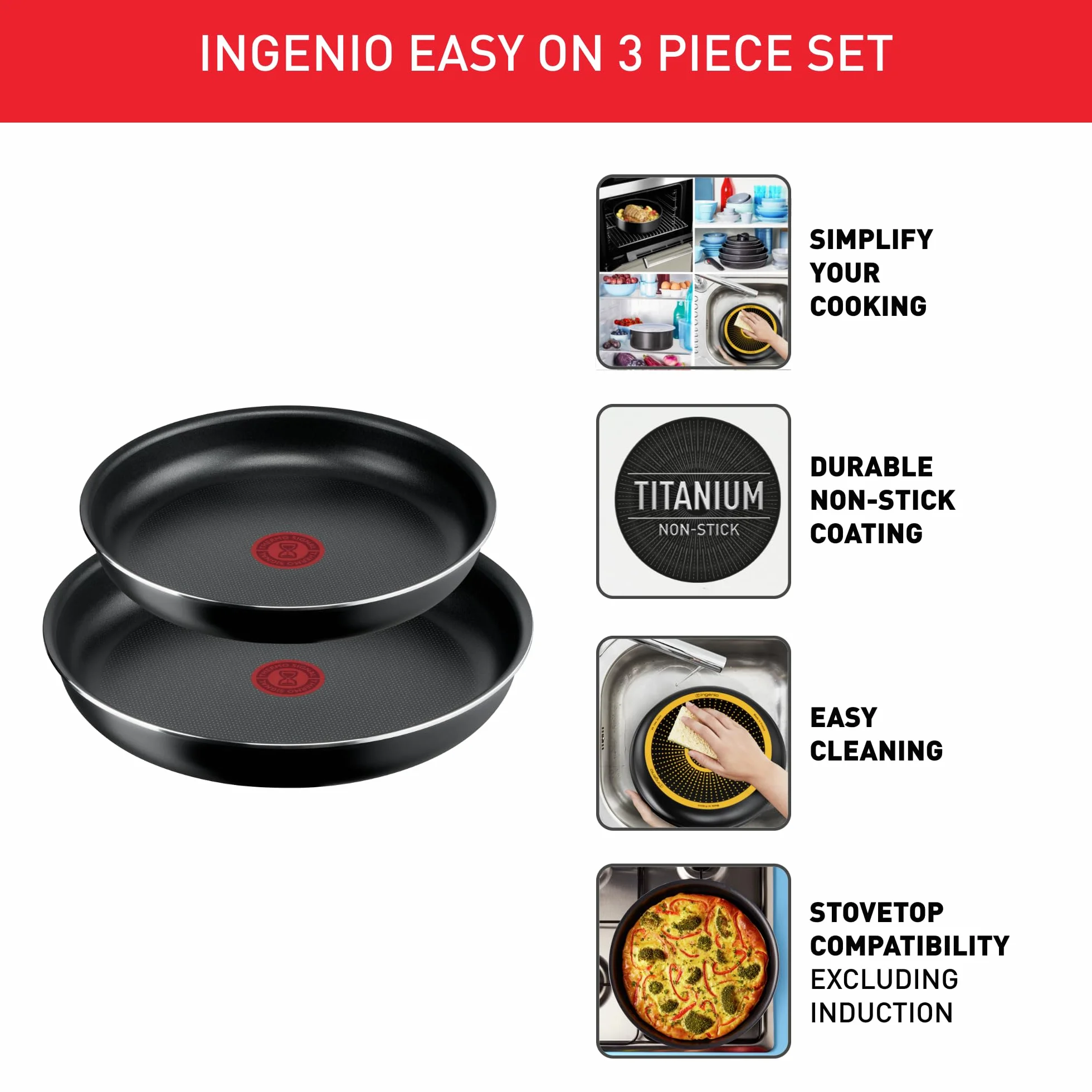 Tefal Ingenio Easy On Zestaw Patelni 3-Częściowy, Czarny, Ø 24 cm/Ø 28 cm