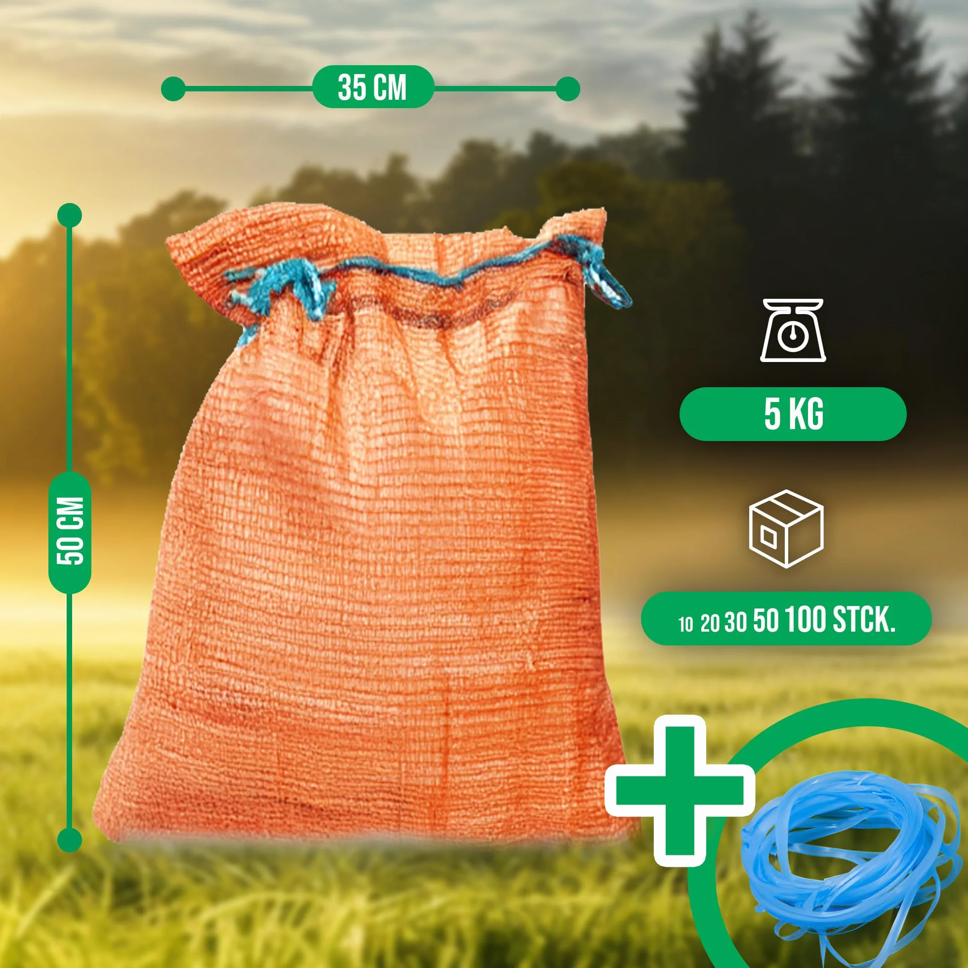 10 sztuk worków siatkowych 35x50 cm 5 kg | pomarańczowe | worki z siatki z rzepem | worek na ziemniaki, worki na cebulę, worki na drewno opałowe