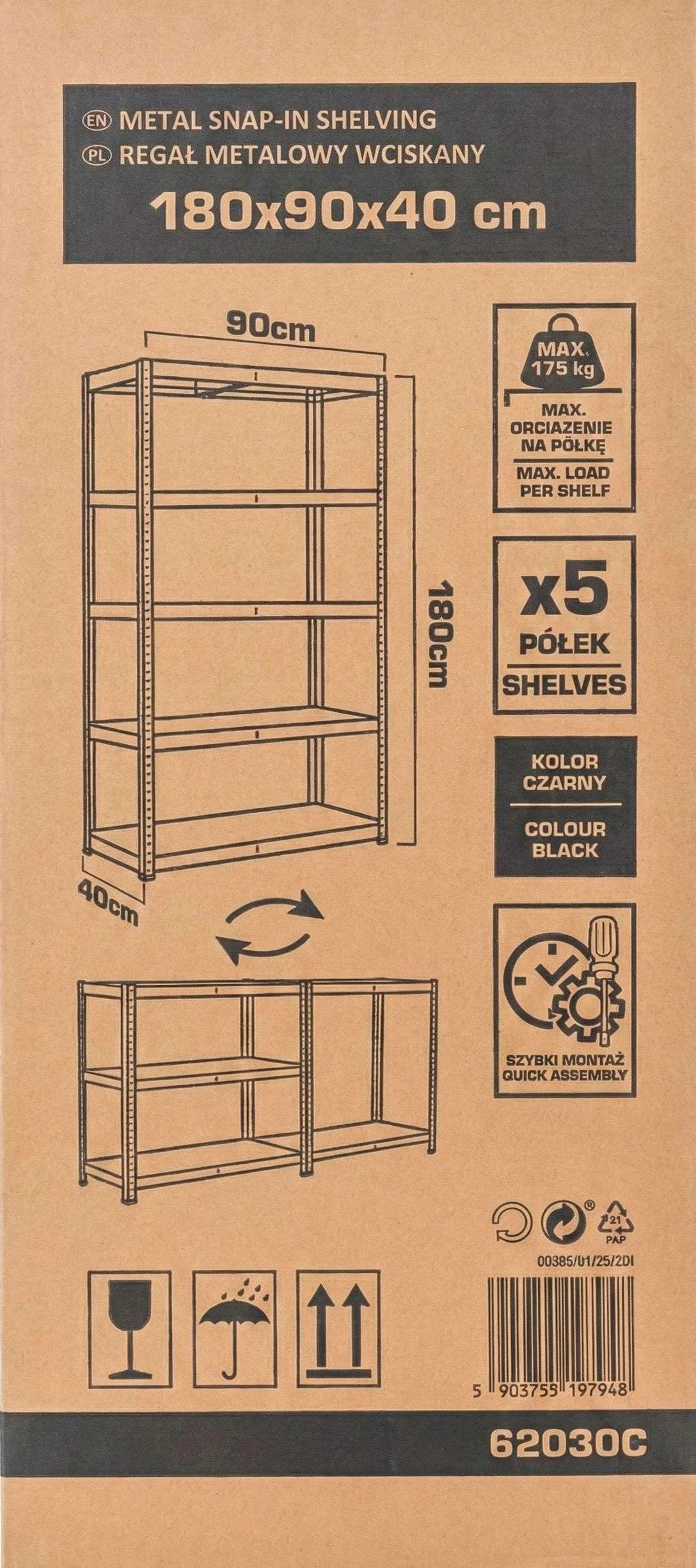 PROLINE Regał Metalowy Magazynowy 180x90x40 cm 5 Półek 875 kg Czarny Warsztatowy Garażowy Wciskany Bezśrubowy