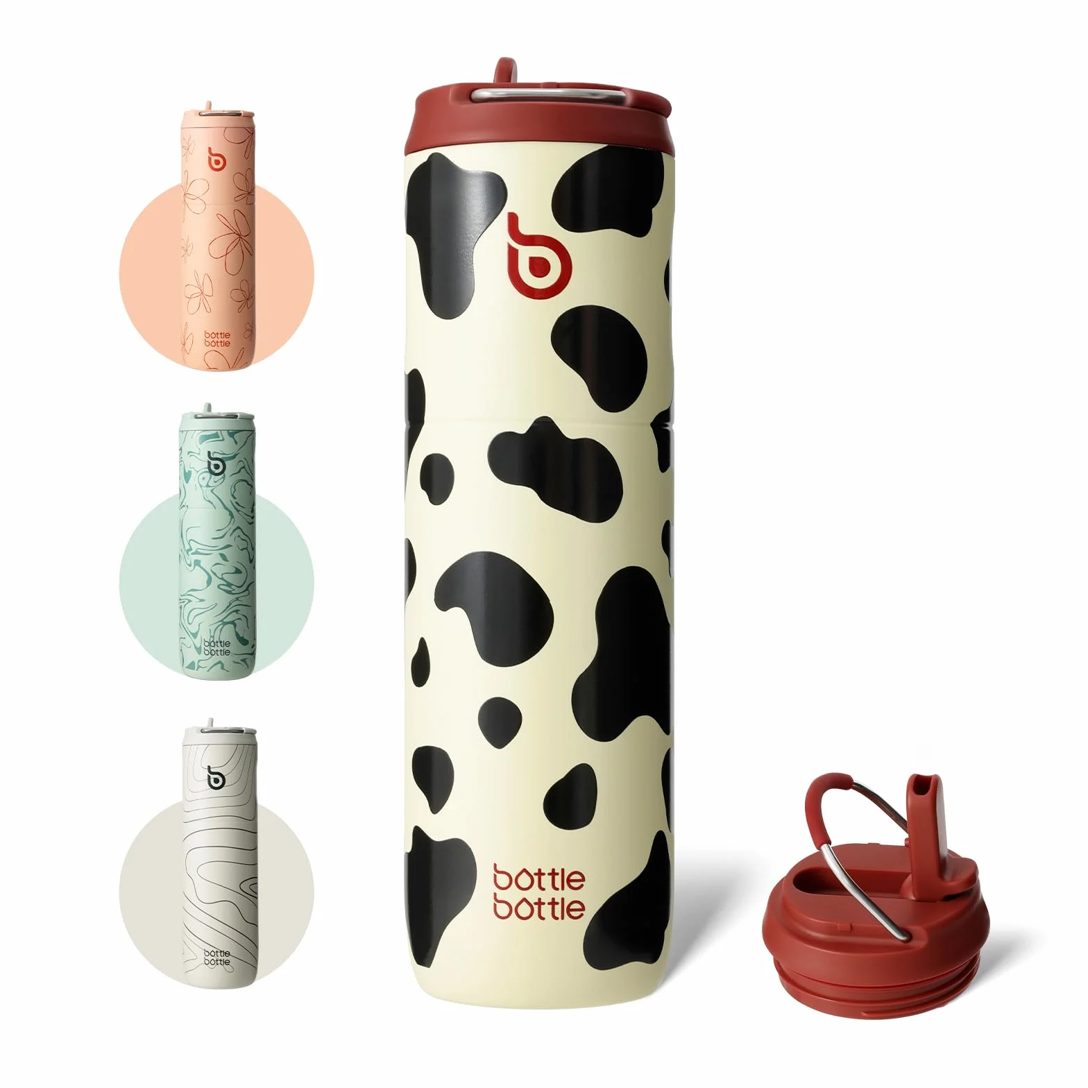 BOTTLE BOTTLE Butelka termiczna 750 ml ze stali nierdzewnej ze słomką i zakrętką – szczelna, bez BPA – do szkoły, podróży i fitnessu (wzór w krowie łaty)