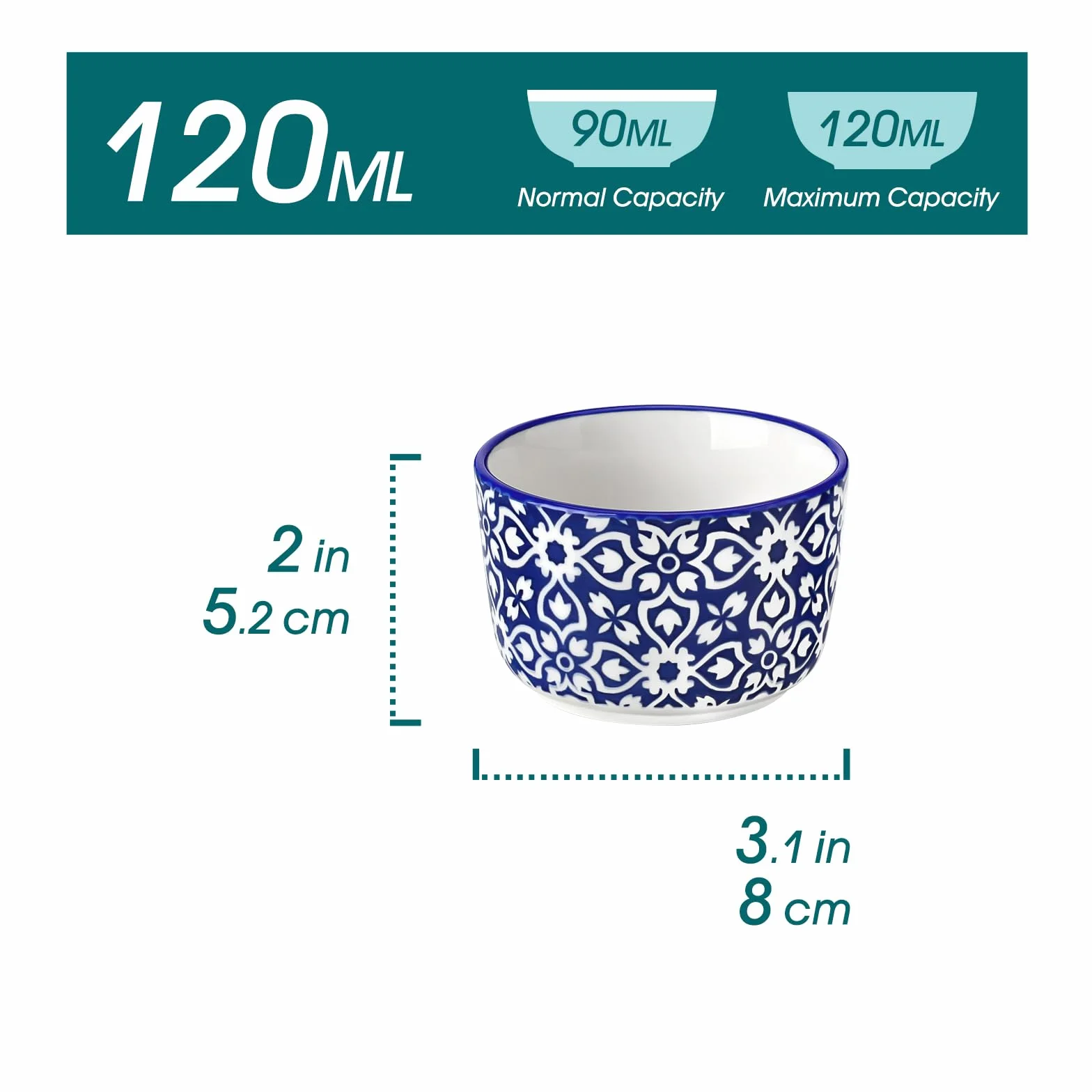 vancasso Selene Mini ceramiczne Ramekins, zestaw 6 sztuk, nadają się do piekarnika, do kremów brûlée, sufletów, deserów, ręcznie wykonanych niebiesko-białych wzorów