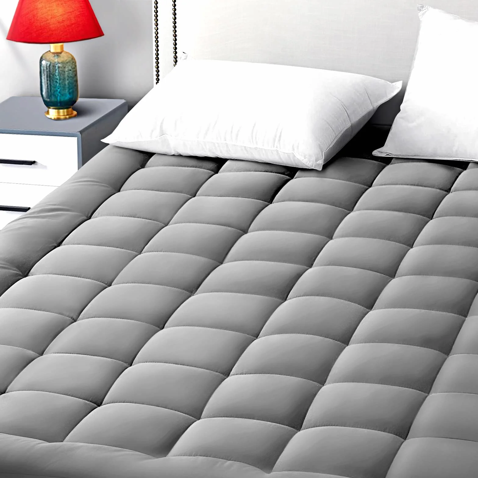 EASELAND Poduszka na materac Queen, poszewka na górę, pikowany dopasowany ochraniacz na materac 20–53 cm, głęboka kieszeń, chłodzący materac (152 x 203 cm, jasnoszary)