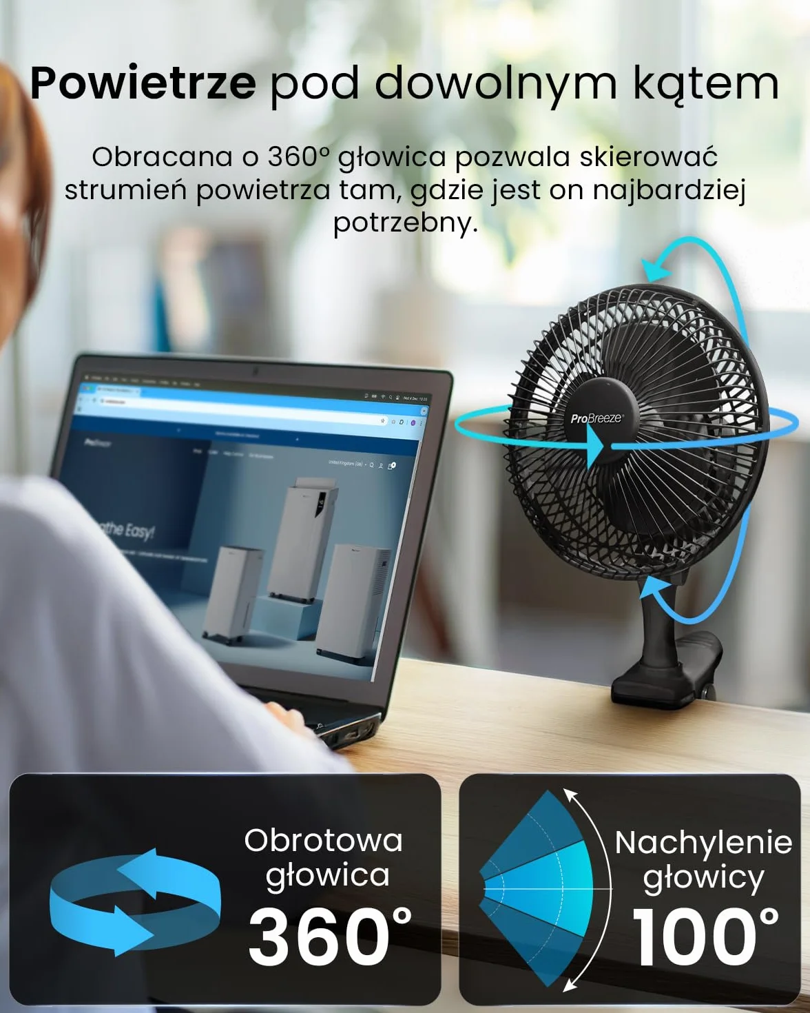 Pro Breeze Mały Wiatrak Wiatraczek z Klamrą, Biurowy Wentylator z Klipsem, Średnica 15 cm, 15 Watt, Czarny
