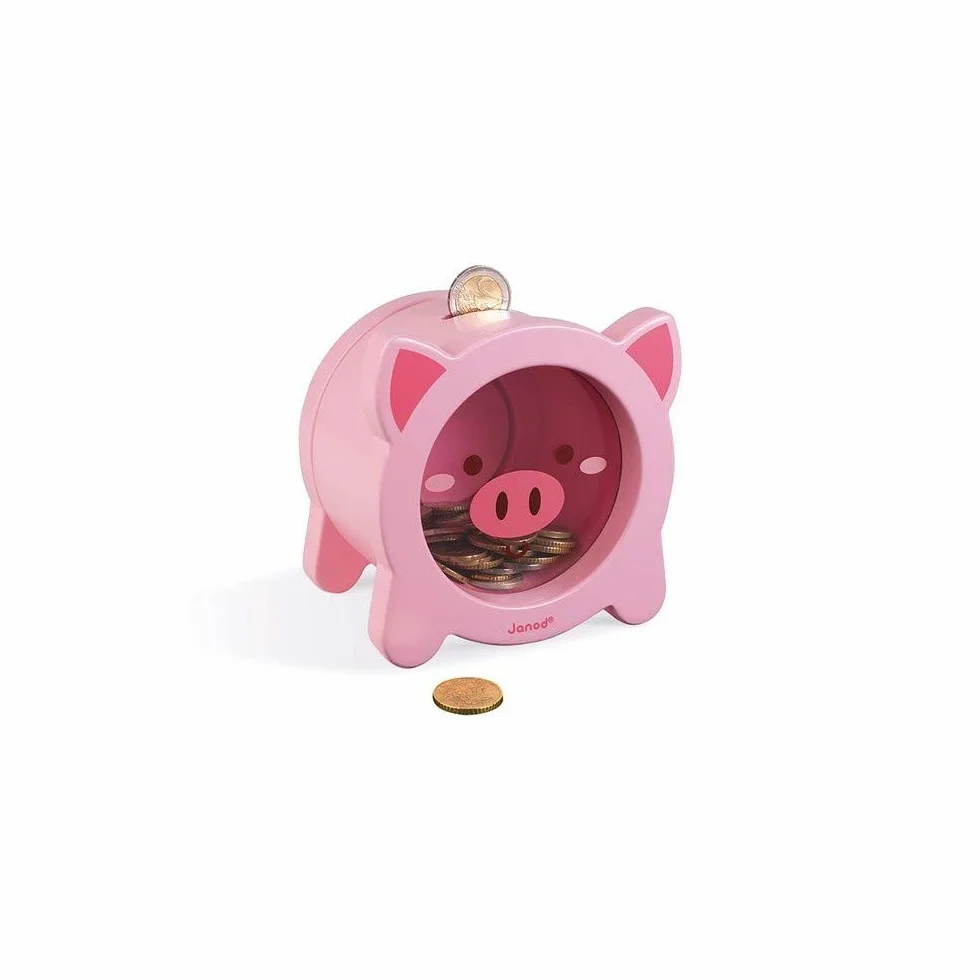 Janod Wooden Children’s Piggy Bank 5.9 inch See-Through Side Magnetic Opening Ages 3+