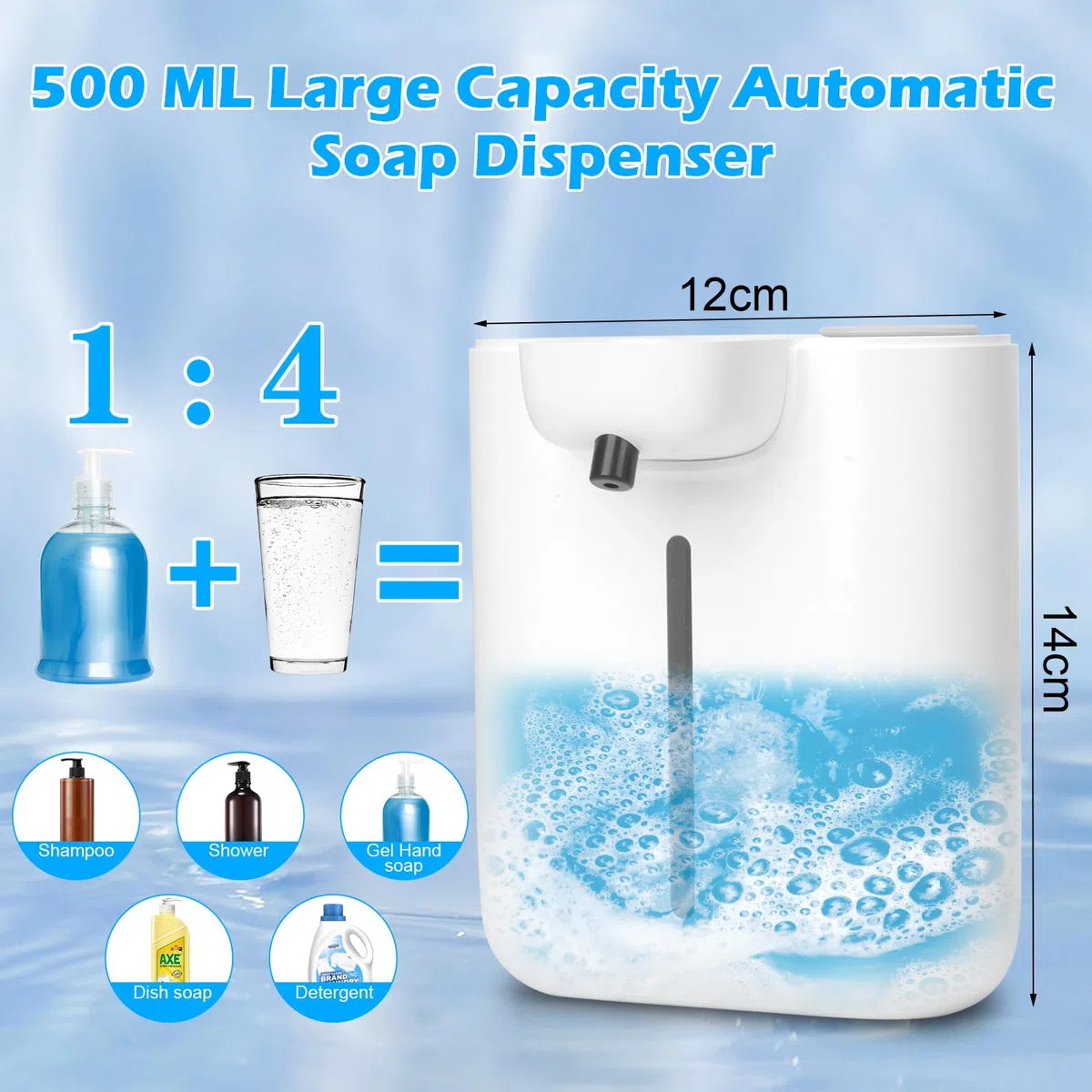 500ml Dozownik mydła, automatyczny, ścienny, bez wiercenia, wodoszczelny, elektryczny dozownik mydła z czujnikiem podczerwieni, biały