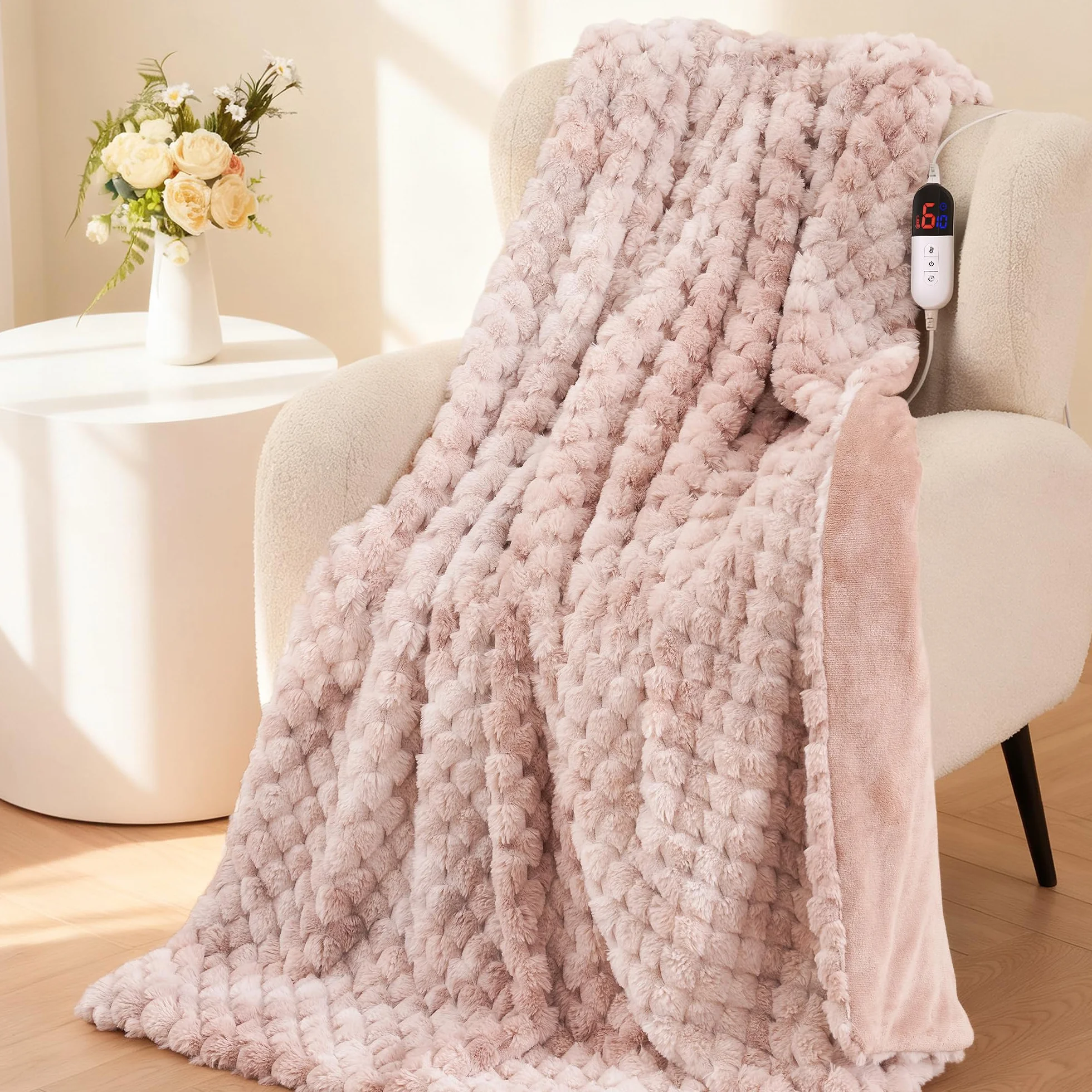 Elektryczny Koc Grzewczy 130x180 cm, 3D Kwiatowy Jacquard z Króliczym Futerkiem & Flanelą, 6 Poziomów Grzania & Auto Wyłączanie 1-10H, Prany w Praniu Maszynowym do Łóżka, Sofy, Biura (Różowy)