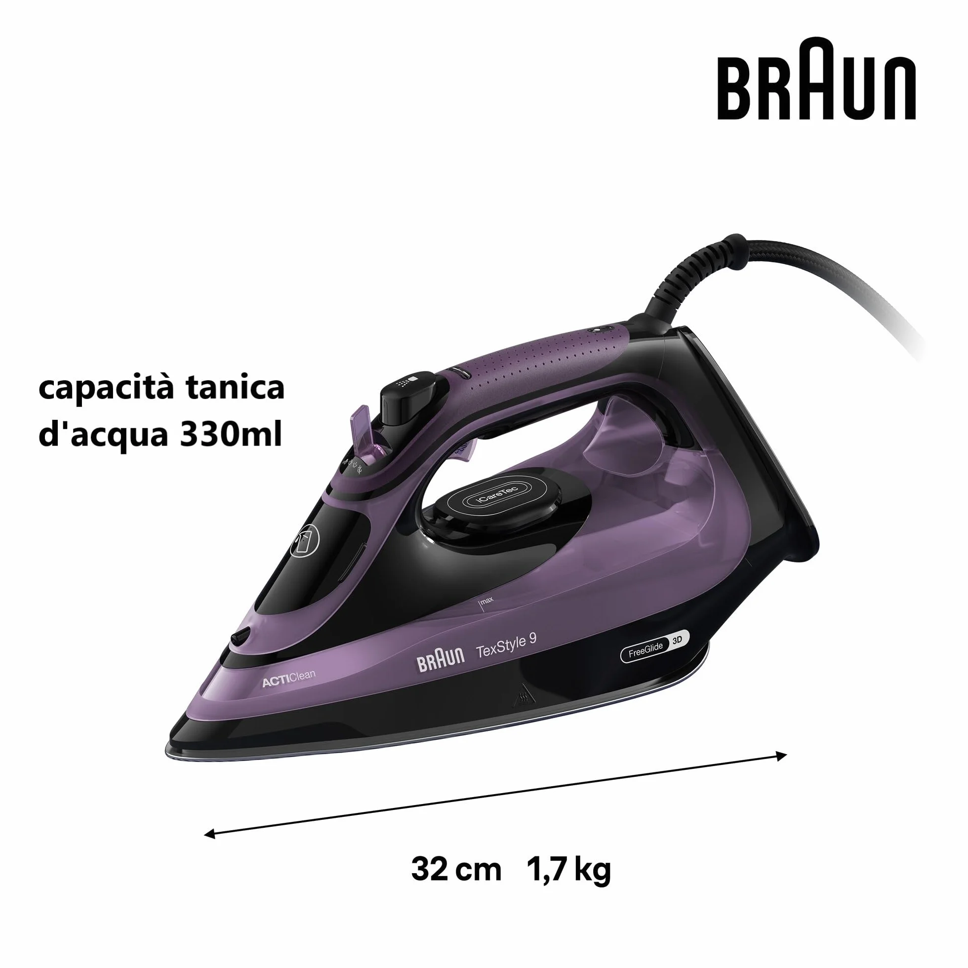Braun TexStyle 9 SI9661VI żelazko parowe z technologią FreeGlide 3D, żelazko pionowe, funkcja zapobiegająca kapaniu, zbiornik 330 ml, 260 g/min, 3200 W, fioletowy