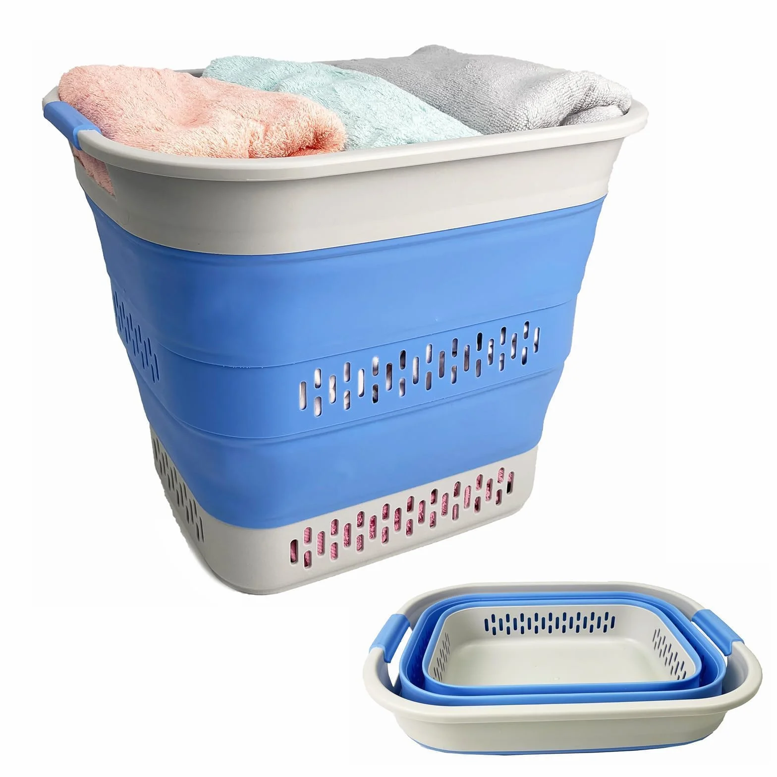 SAMMART Składany plastikowy kosz na pranie, 40 l, składany, rozkładany pojemnik/organizer, przenośny kosz na pranie, oszczędność miejsca, 1, szary/niebieski (Little Boy Blue)