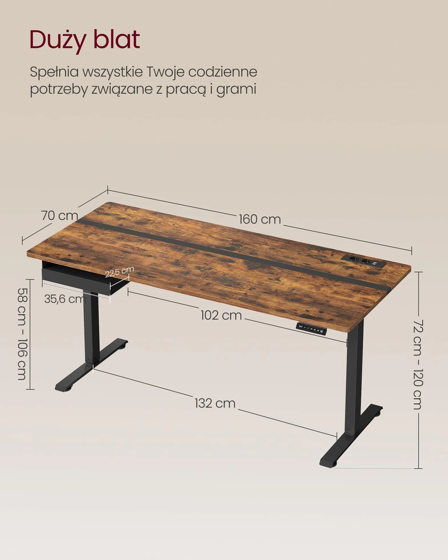 VASAGLE Biurko z elektryczną regulacją wysokości, z gniazdkiem elektrycznym i szufladą, 160 x 70 x (72-120) cm, blat regulowany bezstopniowo, funkcja pamięci wysokości, brązowe LSD116X01