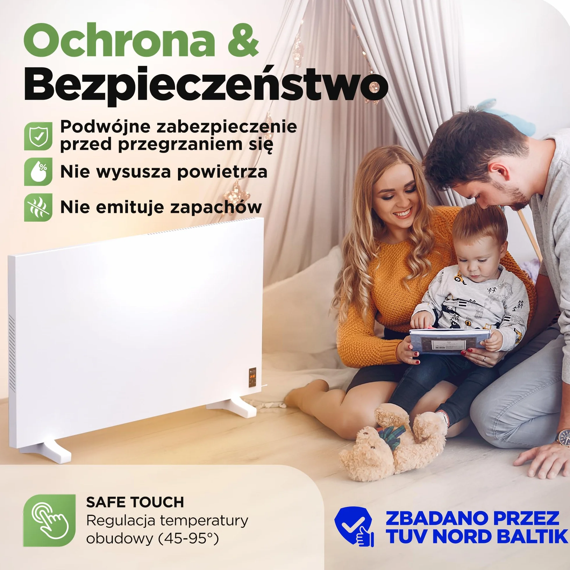 TermoPlaza WiFi Grzejnik na podczerwień z termostatem 1100 W do 28 m² | Inteligentny grzejnik ścienny i stojący | Energooszczędny elektryczny grzejnik konwektorowy do domu i łazienki
