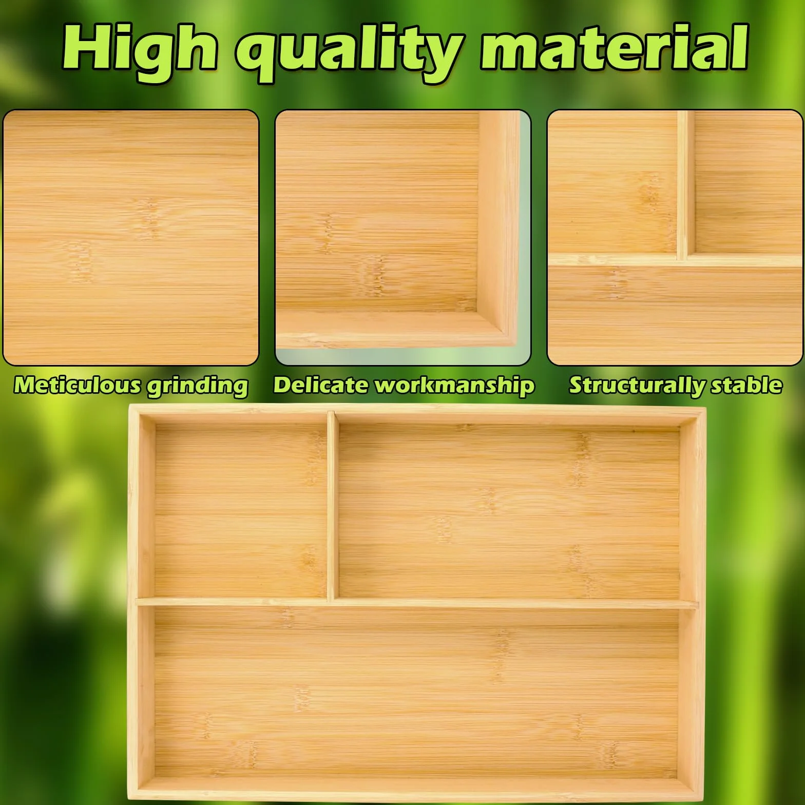 Drewniany stojak na sztućce 43x30x6 cm bambusowa taca organizer z 3 przegródkami do szuflady kuchennej