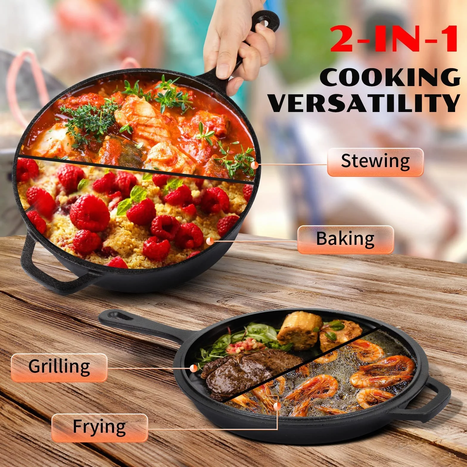 Overmont żeliwny garnek typu Dutch Oven 2 w 1 z pokrywką z funkcją patelni 3 I, garnek żeliwny + 1,4 I pokrywka jako patelnia, gotowy do użycia, z długim uchwytem, do kuchni, na kemping, do ogrodu, BBQ, pieczenia, model: OV009