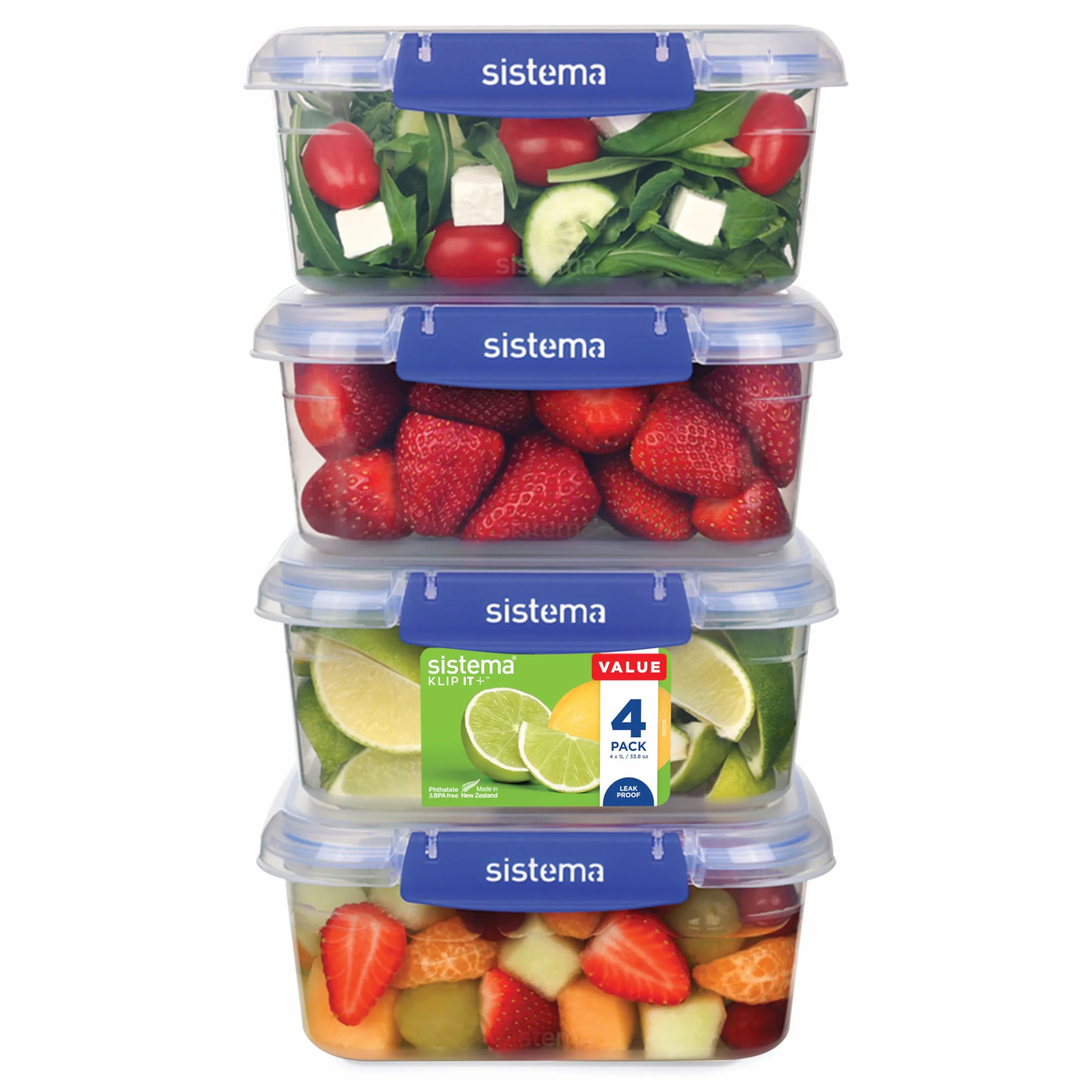 Sistema KLIP IT PLUS Szczelne pojemniki do przechowywania żywności, 1 l, hermetyczne i nadające się do układania w stos, z pokrywkami, szkolne pudełka na lunch, bez BPA, 4 sztuki