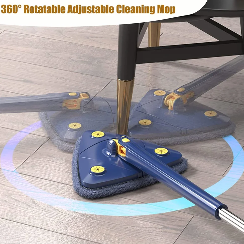 Obrotowy, regulowany mop do czyszczenia 360 °,nowy trójkątny mop do czyszczenia z funkcją automatycznego wyciskania wody,wielofunkcyjny wysuwany mop do czyszczenia ścian,mokry i suchy (Niebieski)