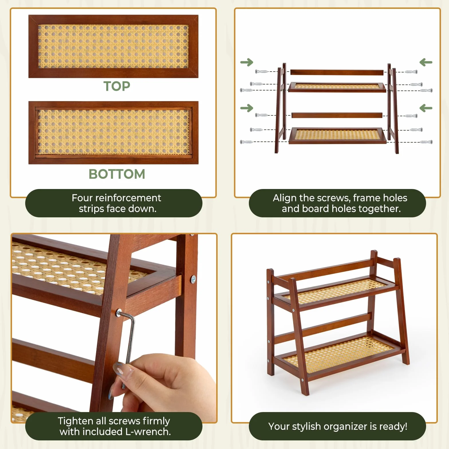 ANBOXIT Organizator Stacji Matcha z Wzorem Rattan, Organizator do Herbaty i Kawy z Bambusa na Blacie, 2-Poziomowy Stojak na Kubki, Pojemnik na Przechowywanie Przypraw do Kuchni, Domu, Biura - Brązowy