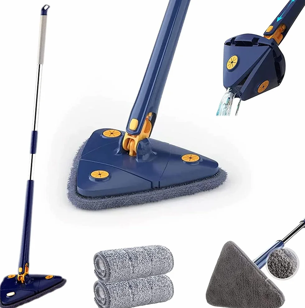 Obrotowy, regulowany mop do czyszczenia 360 °,nowy trójkątny mop do czyszczenia z funkcją automatycznego wyciskania wody,wielofunkcyjny wysuwany mop do czyszczenia ścian,mokry i suchy (Niebieski)